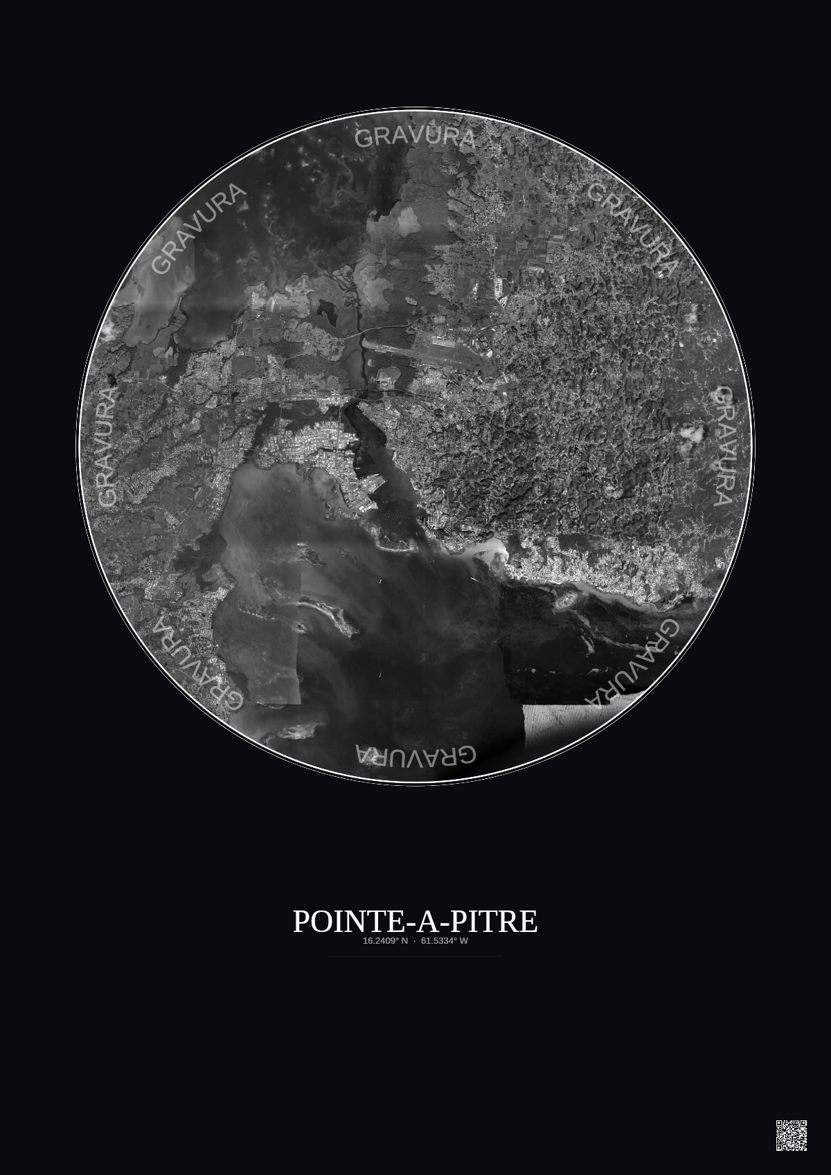 Affiche Pointe A Pitre – Poster vue satellite 10km N&B | Gravura – Fond foncé