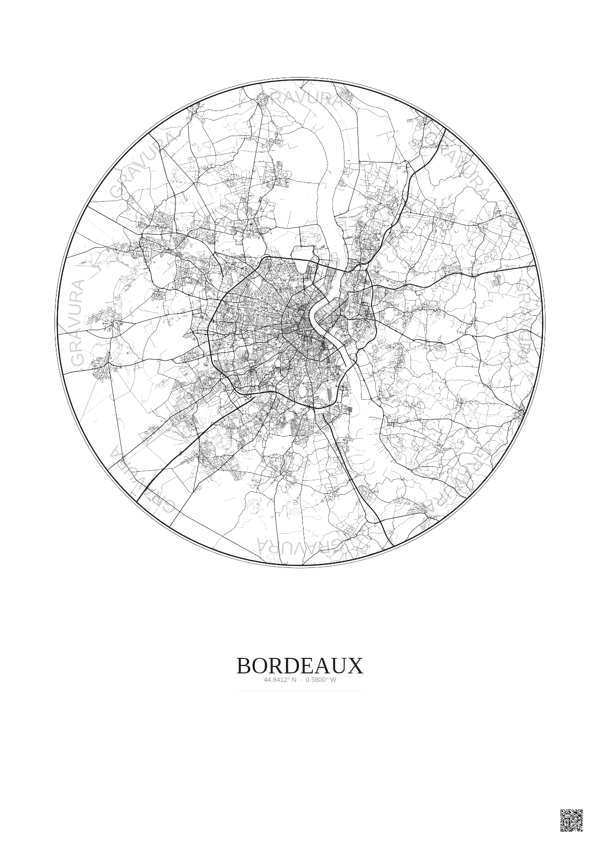 Affiche Bordeaux – Poster carte de ville 20km | Gravura – Fond clair
