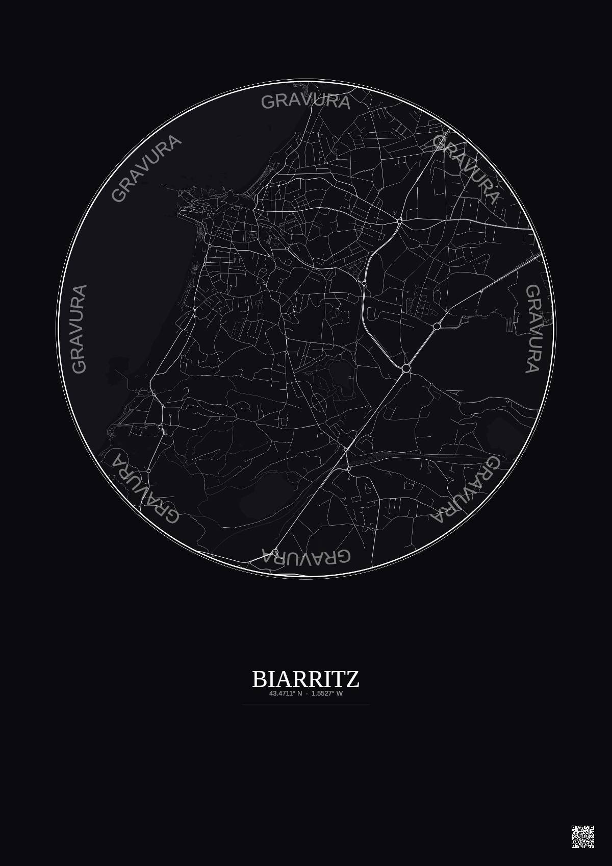 Affiche Biarritz – Poster carte de ville 2.5km | Gravura – Fond foncé