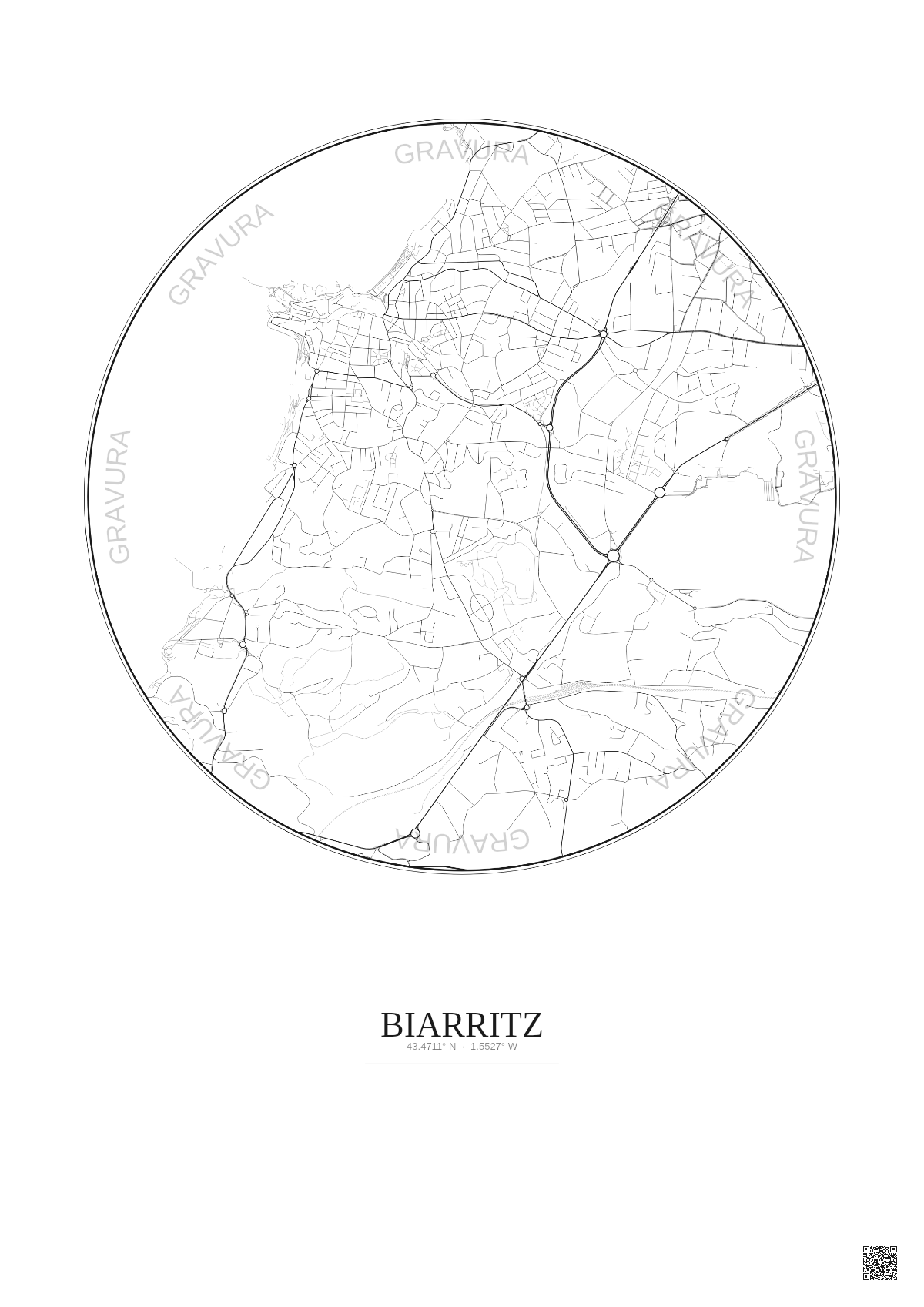 Affiche Biarritz – Poster carte de ville 2.5km | Gravura – Fond clair