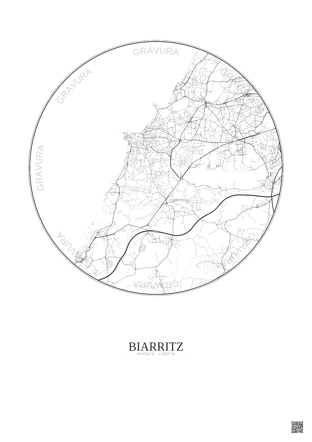 Affiche Biarritz – Poster carte de ville 5km | Gravura – Fond clair