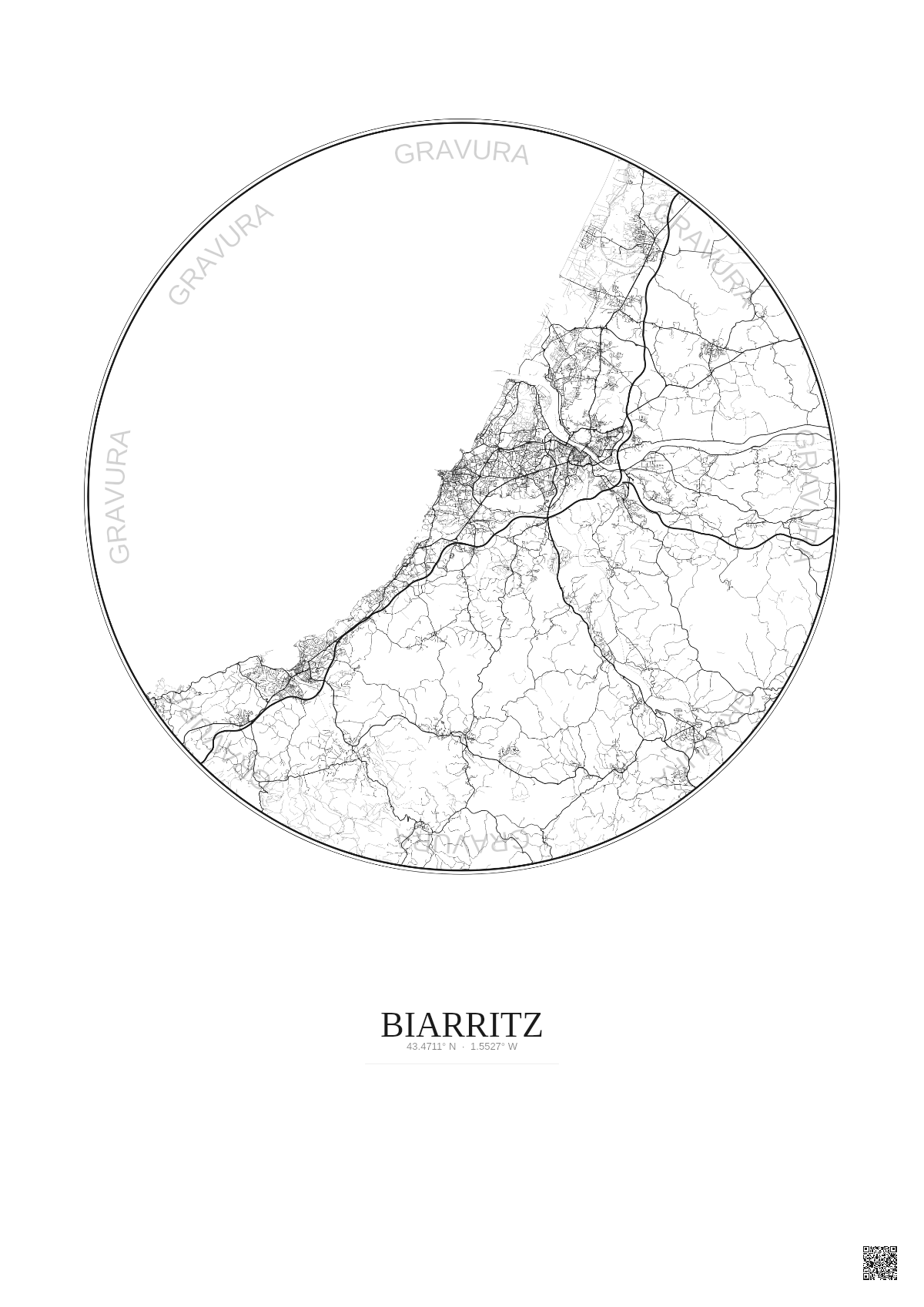Affiche Biarritz – Poster carte de ville 20km | Gravura – Fond clair