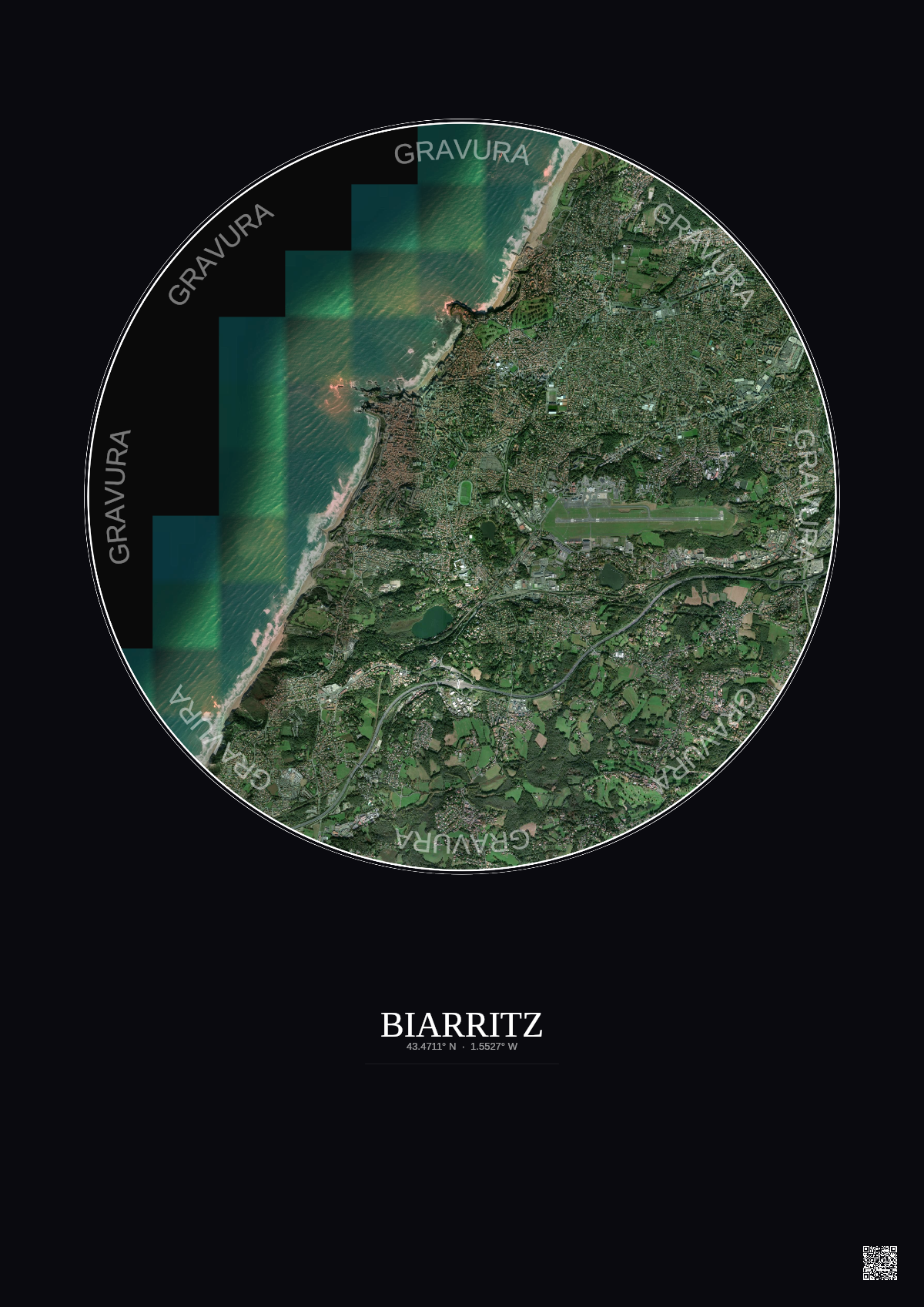 Affiche Biarritz – Poster vue satellite 5km Couleur | Gravura – Fond foncé