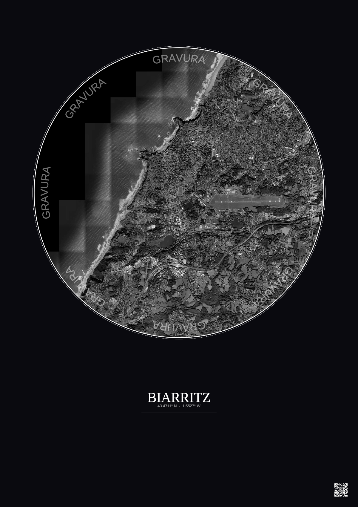 Affiche Biarritz – Poster vue satellite 5km N&B | Gravura – Fond foncé