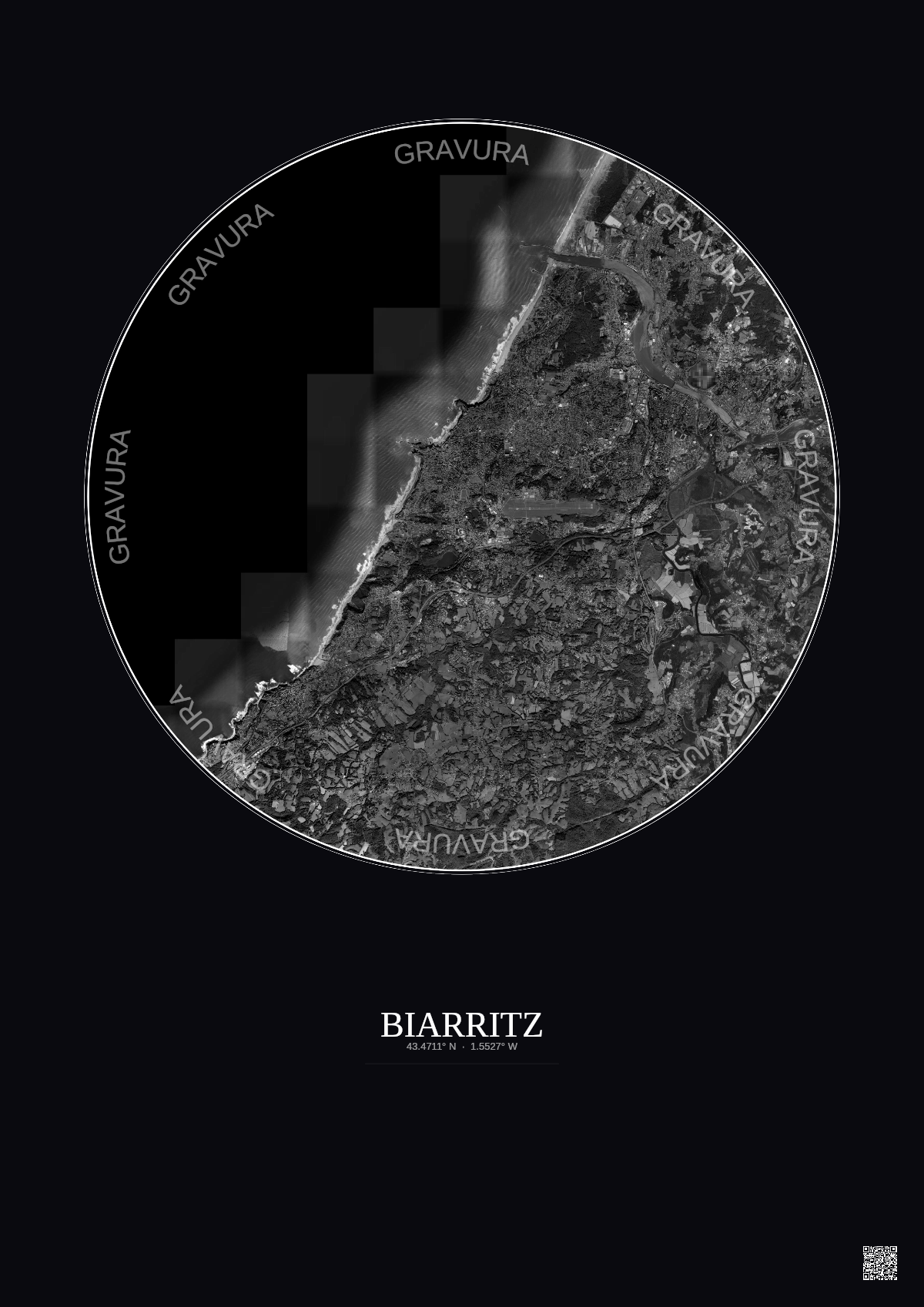 Affiche Biarritz – Poster vue satellite 10km N&B | Gravura – Fond foncé