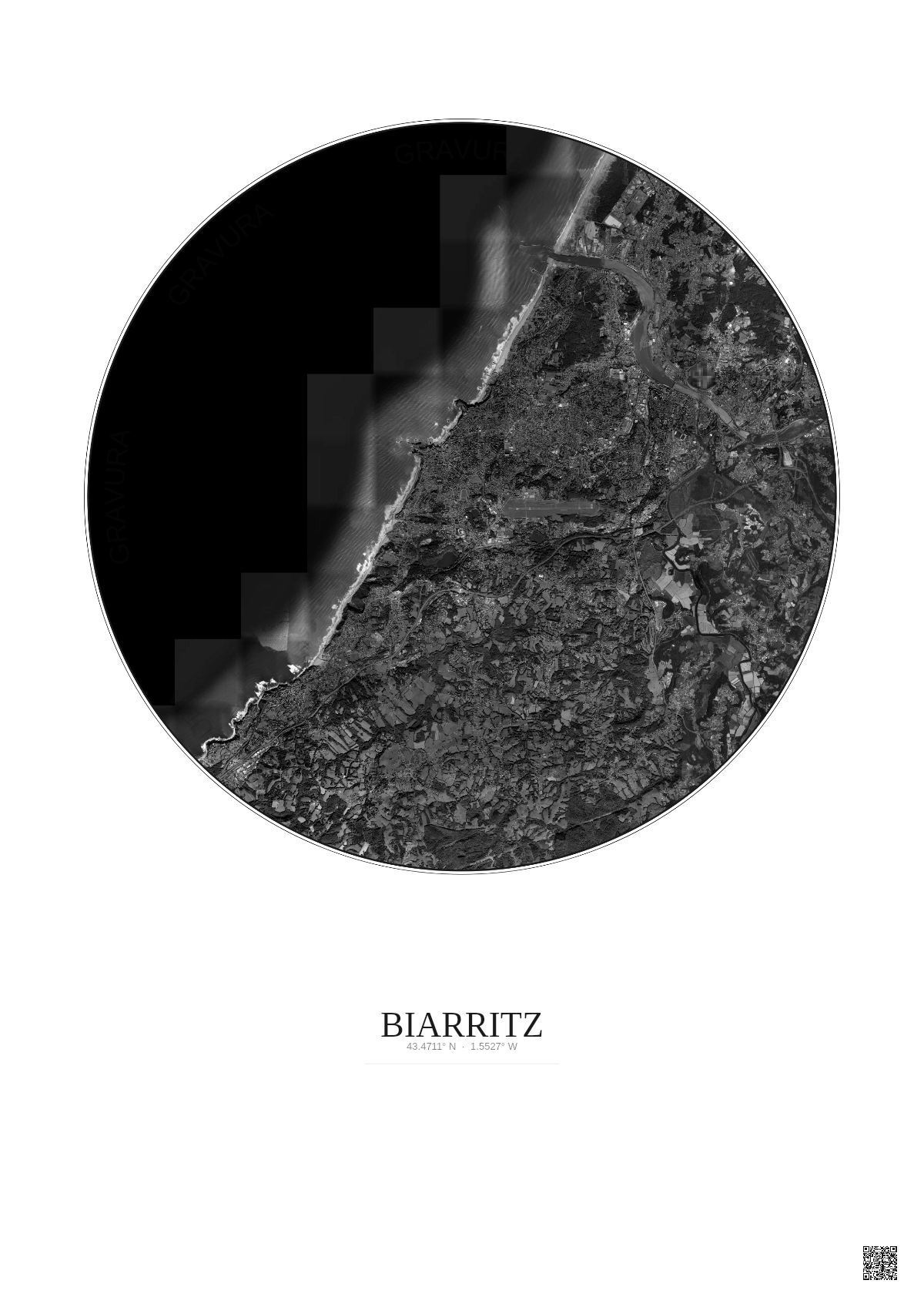 Affiche Biarritz – Poster vue satellite 10km N&B | Gravura – Fond clair