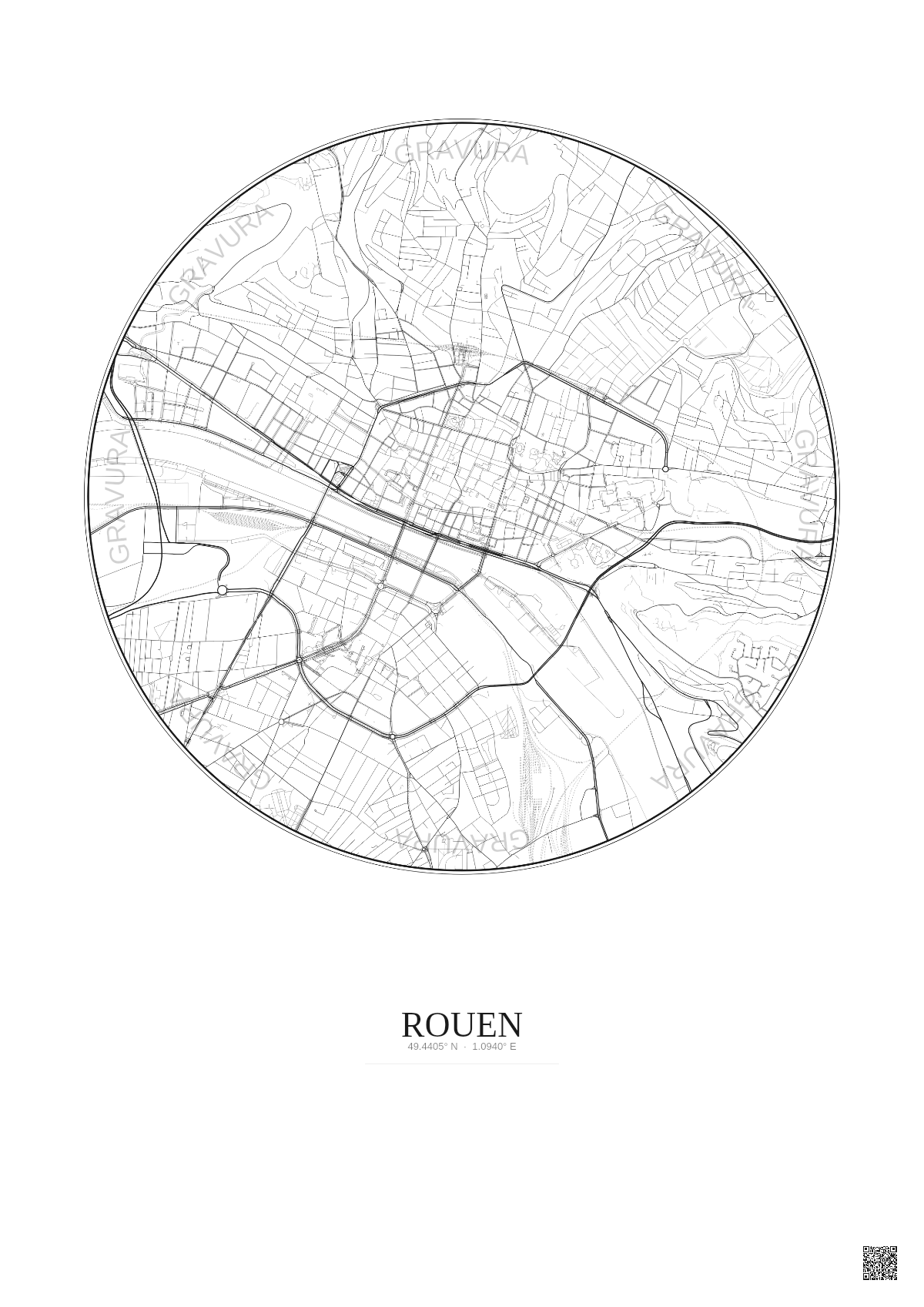 Affiche Rouen – Poster carte de ville 2.5km | Gravura – Fond clair