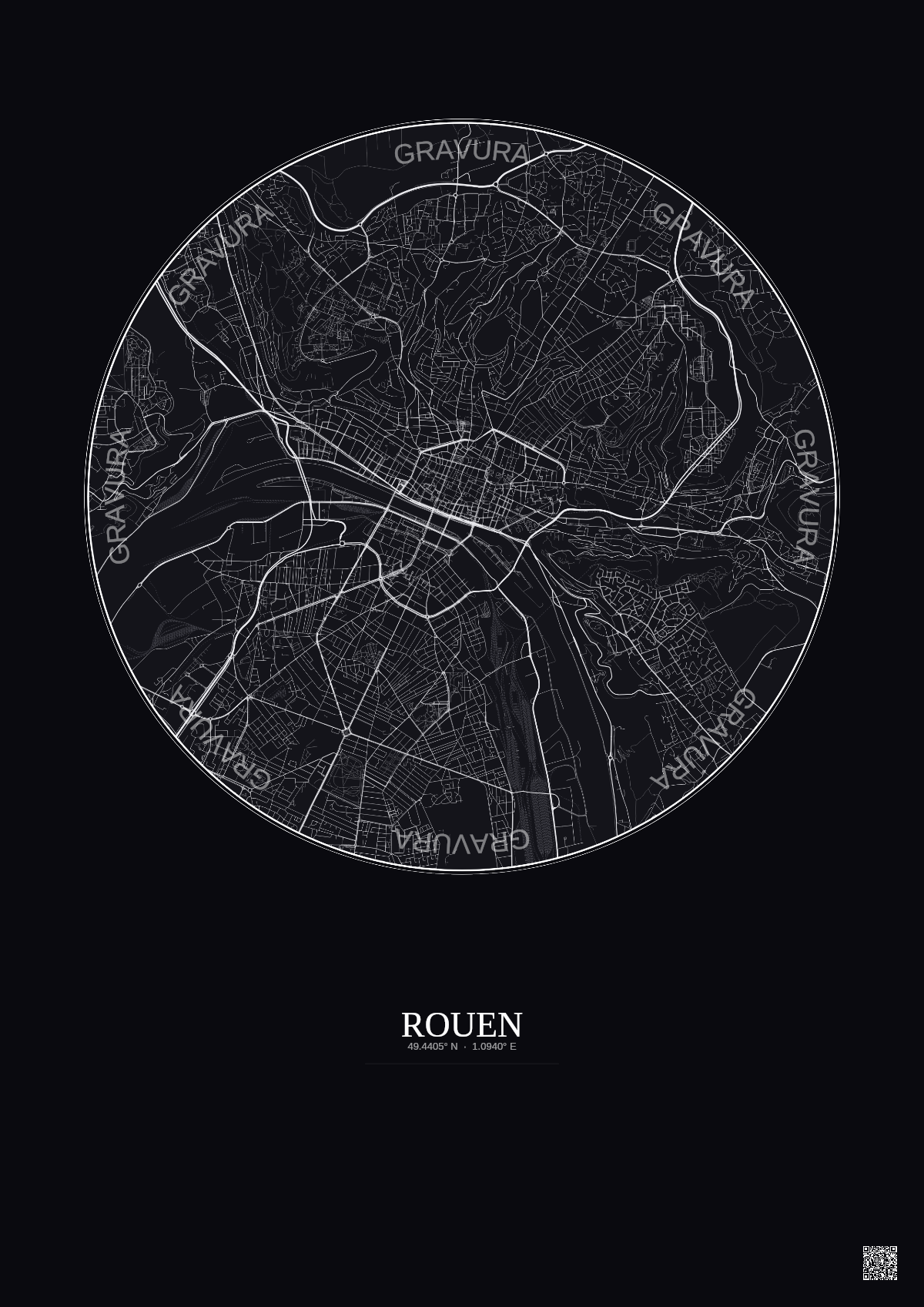 Affiche Rouen – Poster carte de ville 5km | Gravura – Fond foncé
