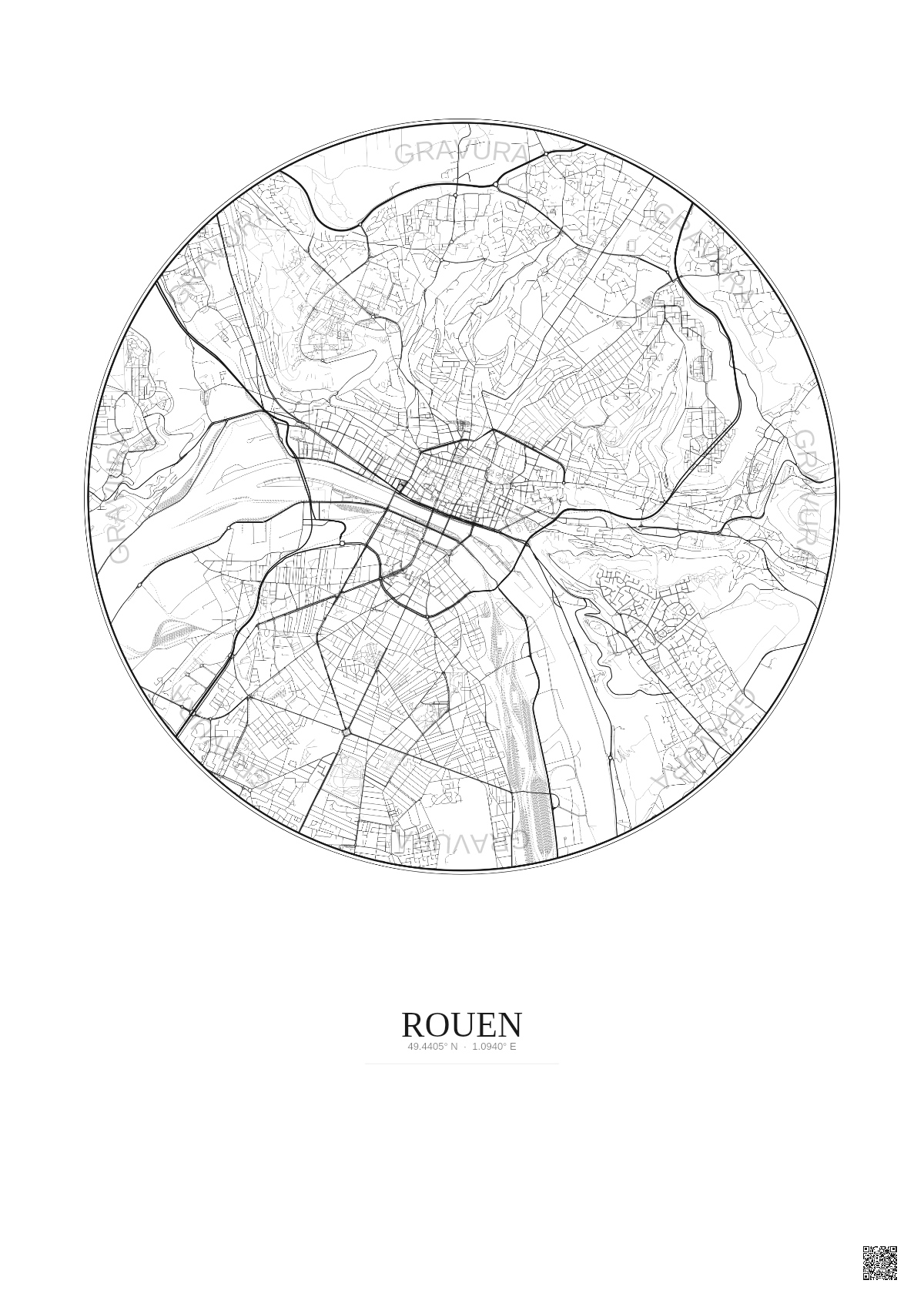 Affiche Rouen – Poster carte de ville 5km | Gravura – Fond clair