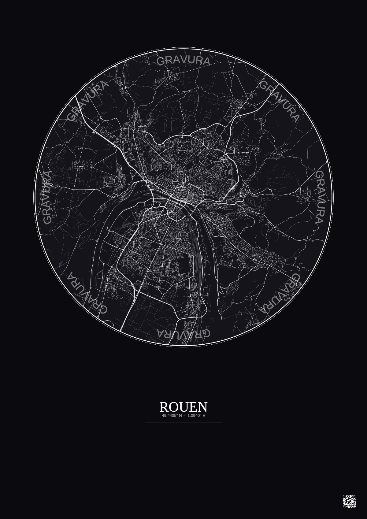 Affiche Rouen – Poster carte de ville 10km | Gravura – Fond foncé