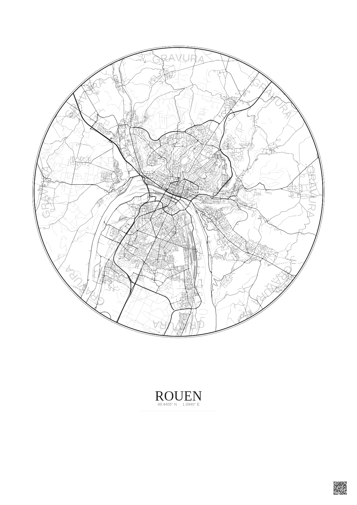 Affiche Rouen – Poster carte de ville 10km | Gravura – Fond clair