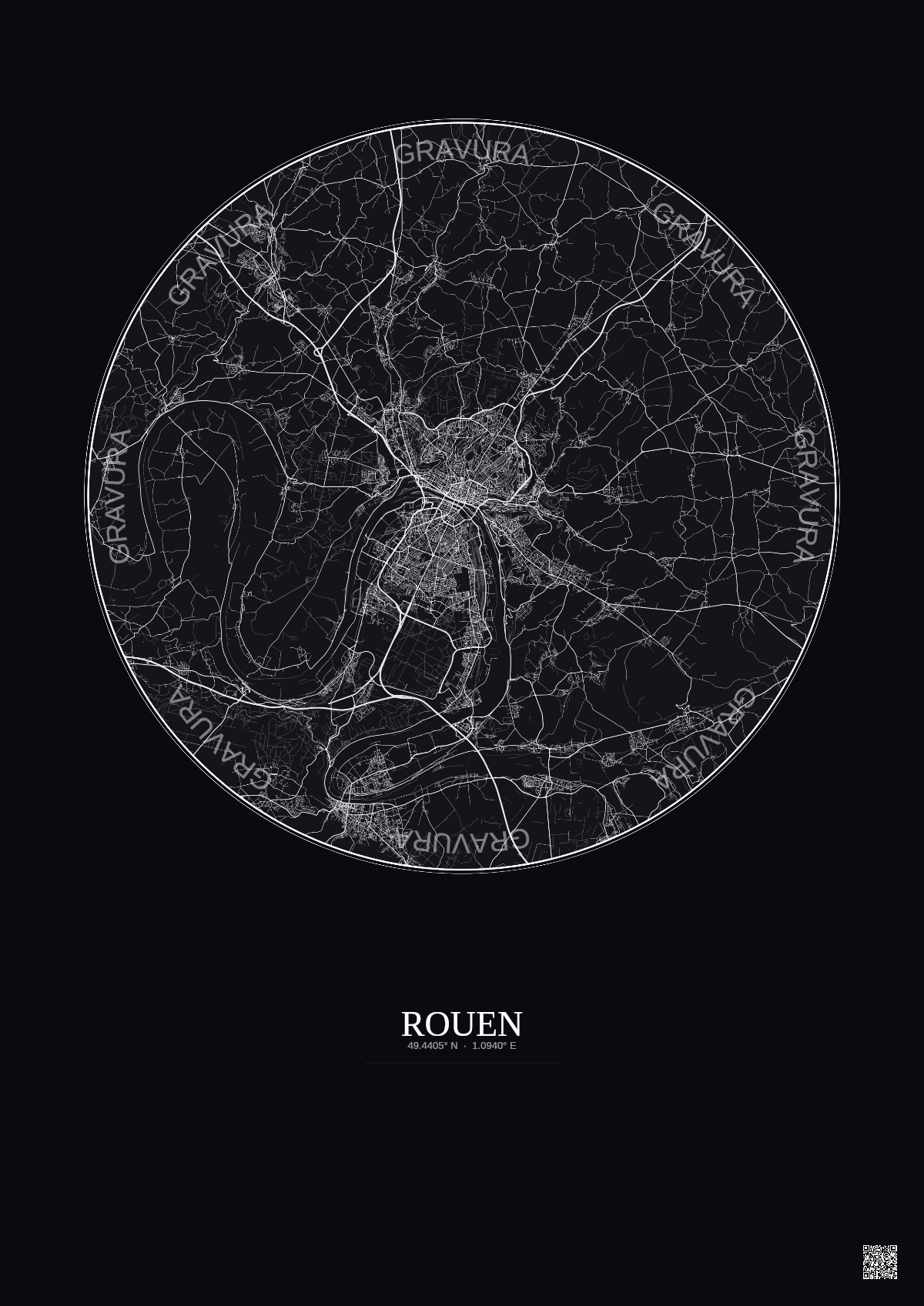 Affiche Rouen – Poster carte de ville 20km | Gravura – Fond foncé