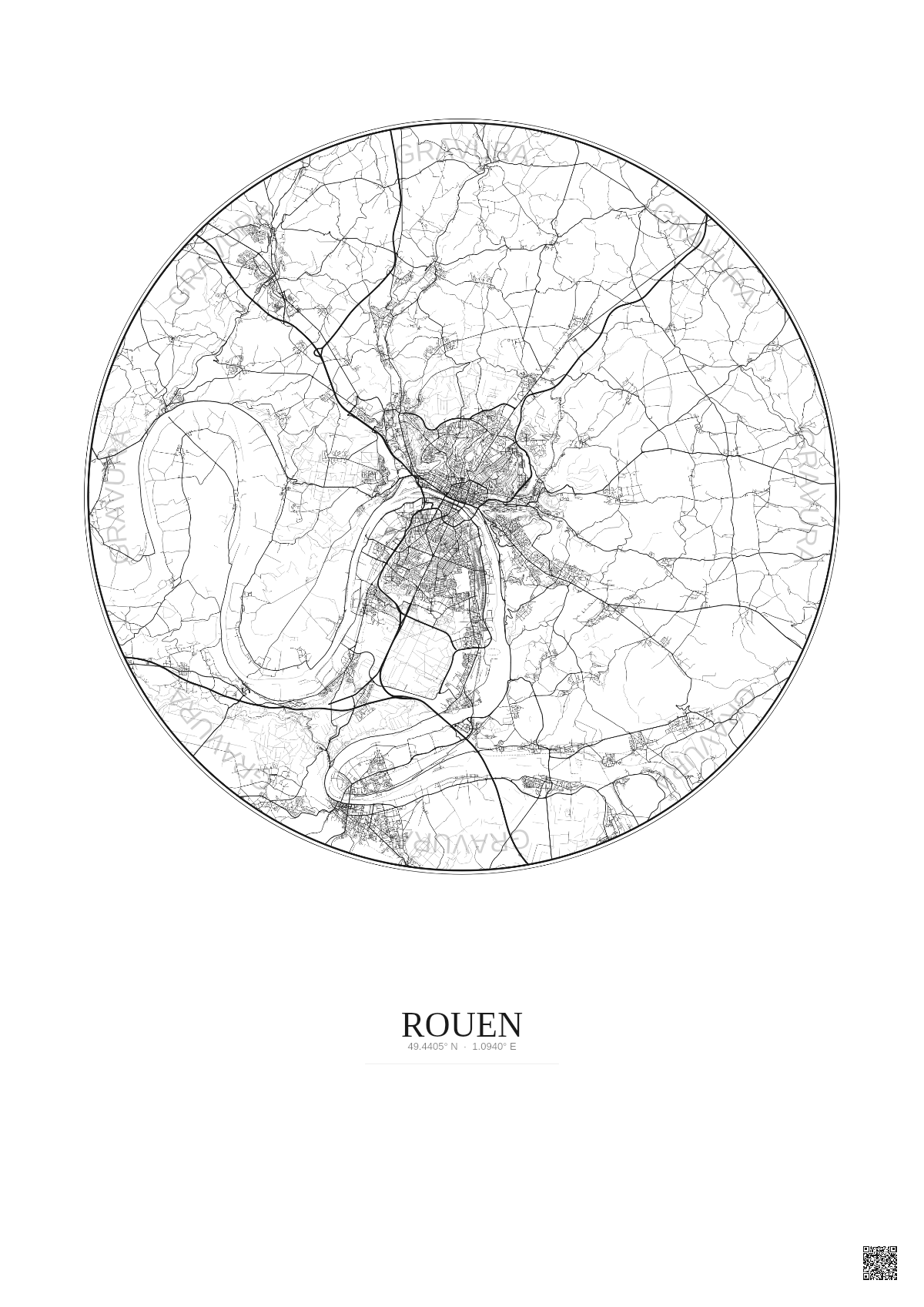 Affiche Rouen – Poster carte de ville 20km | Gravura – Fond clair