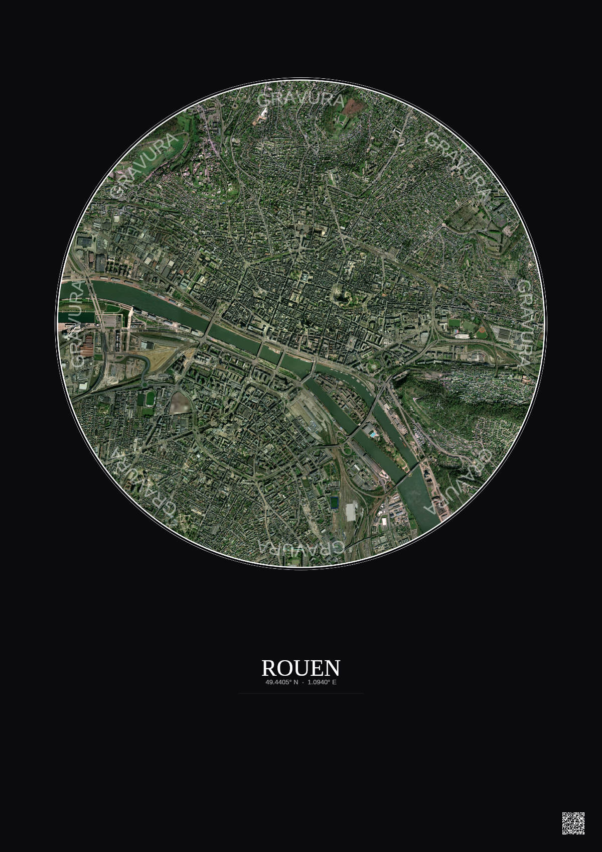 Affiche Rouen – Poster vue satellite 2.5km Couleur | Gravura – Fond foncé