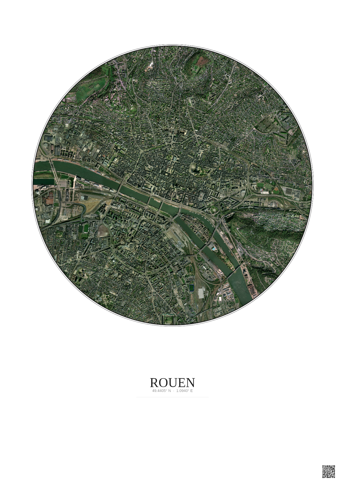 Affiche Rouen – Poster vue satellite 2.5km Couleur | Gravura – Fond clair