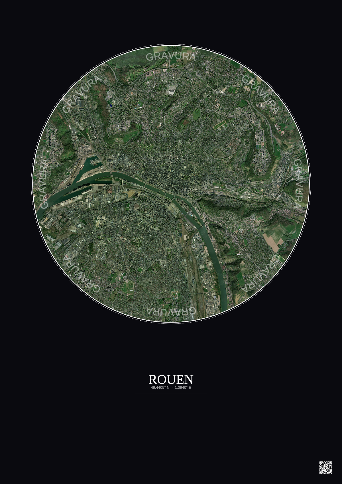 Affiche Rouen – Poster vue satellite 5km Couleur | Gravura – Fond foncé