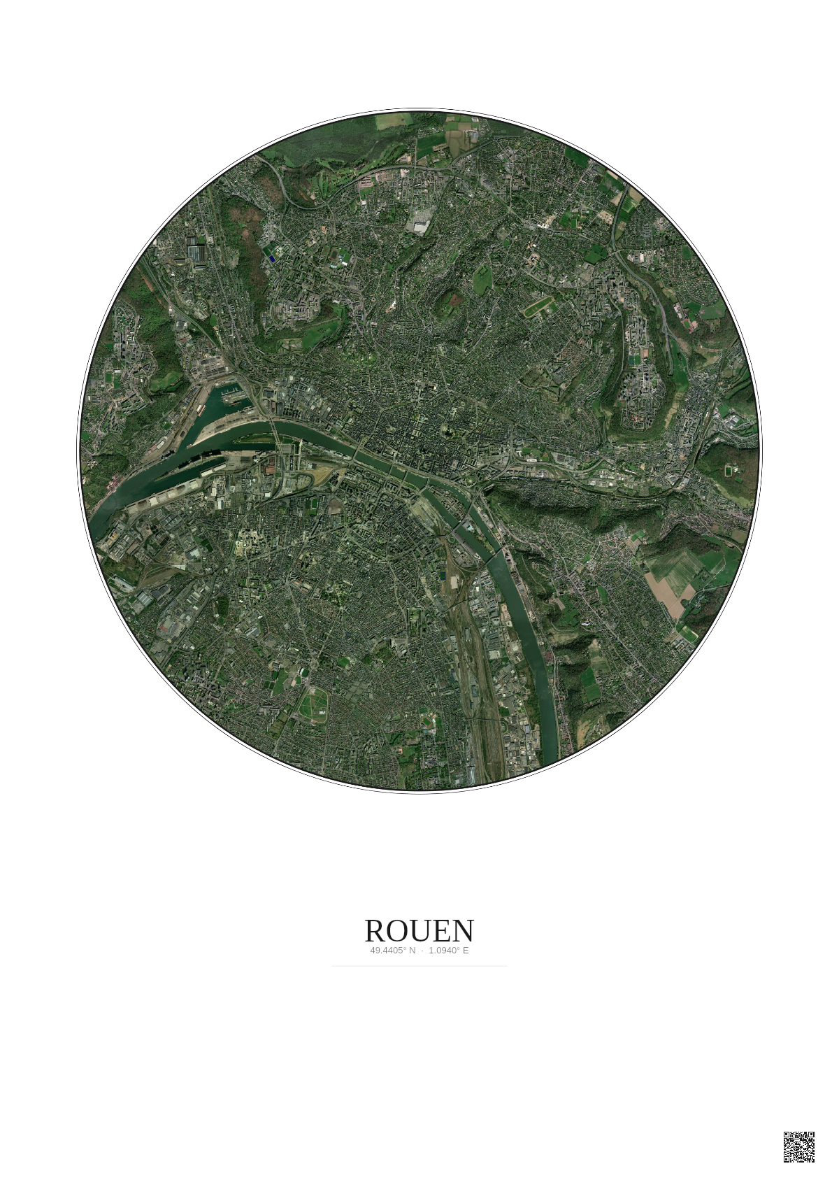 Affiche Rouen – Poster vue satellite 5km Couleur | Gravura – Fond clair