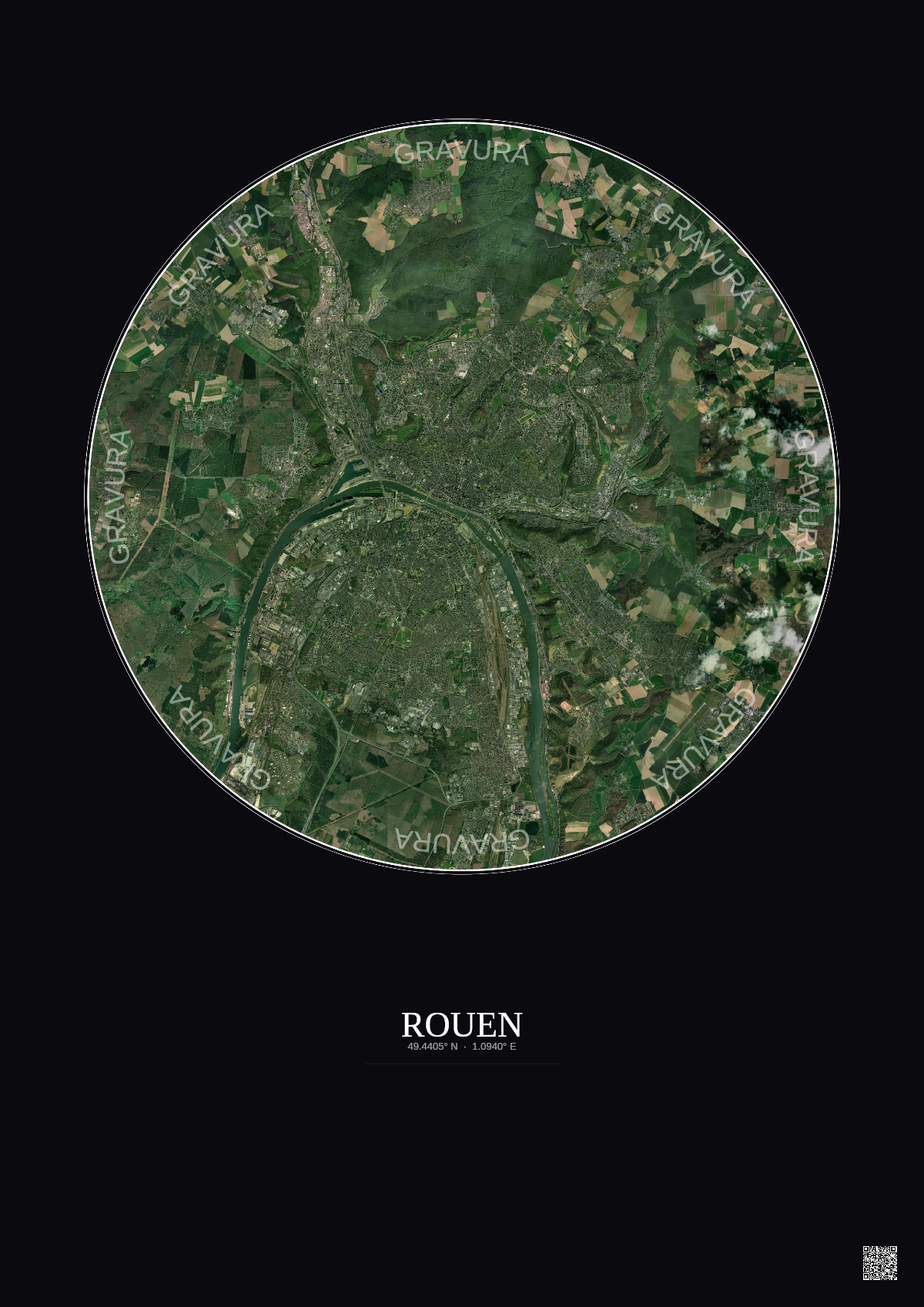 Affiche Rouen – Poster vue satellite 10km Couleur | Gravura – Fond foncé