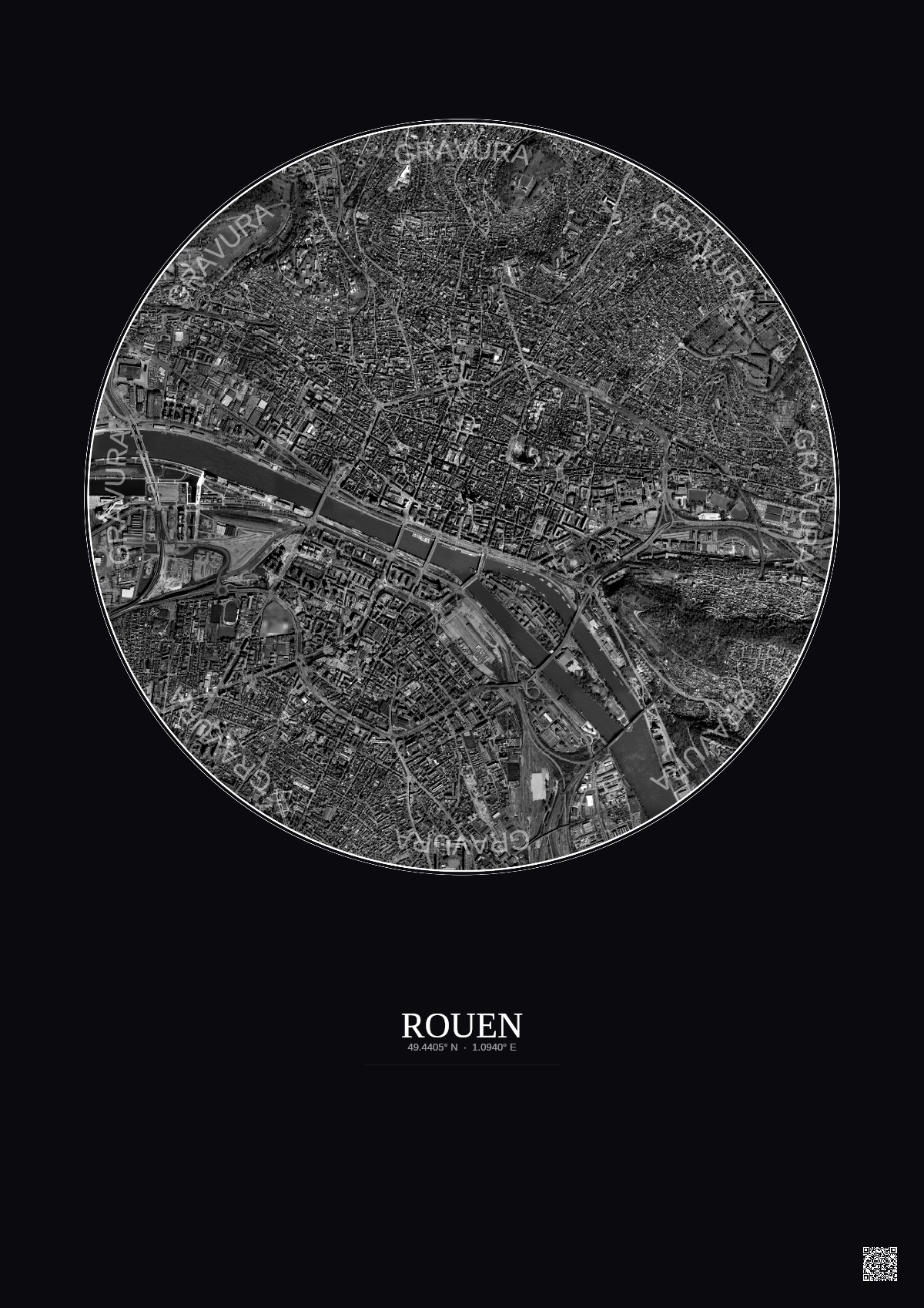 Affiche Rouen – Poster vue satellite 2.5km N&B | Gravura – Fond foncé