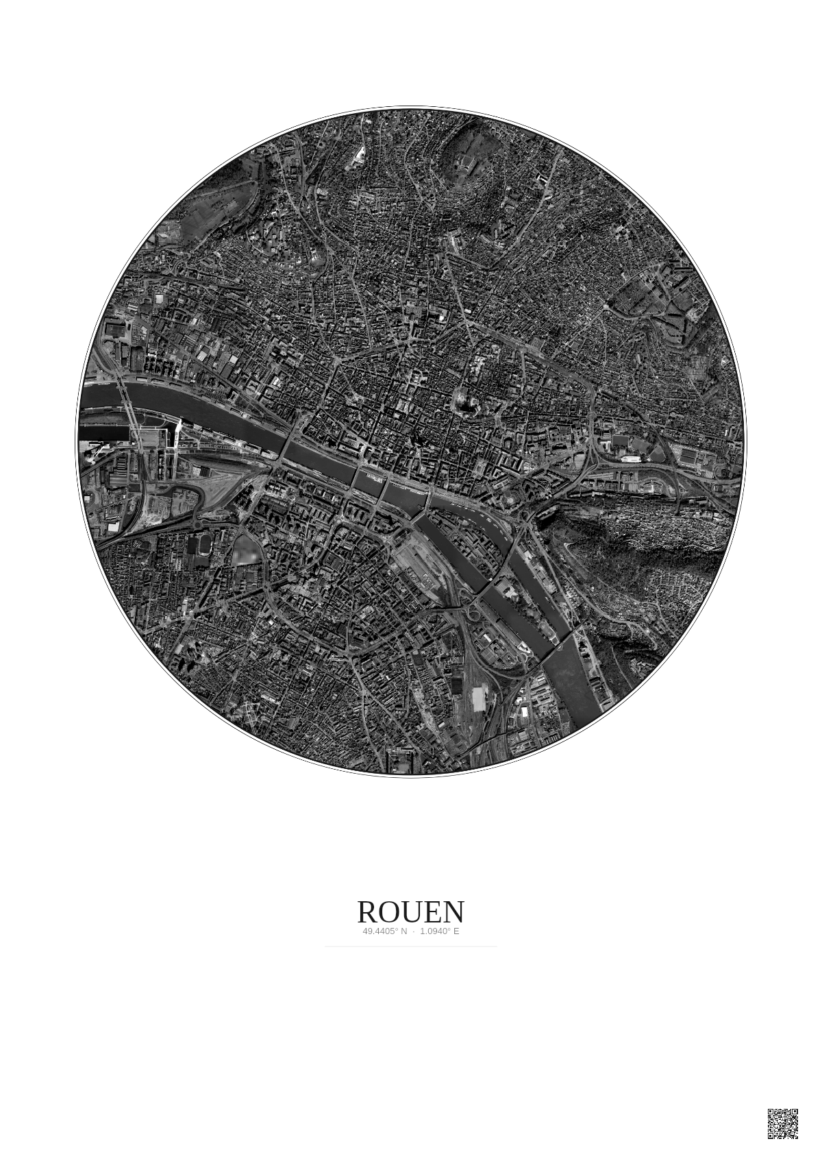 Affiche Rouen – Poster vue satellite 2.5km N&B | Gravura – Fond clair