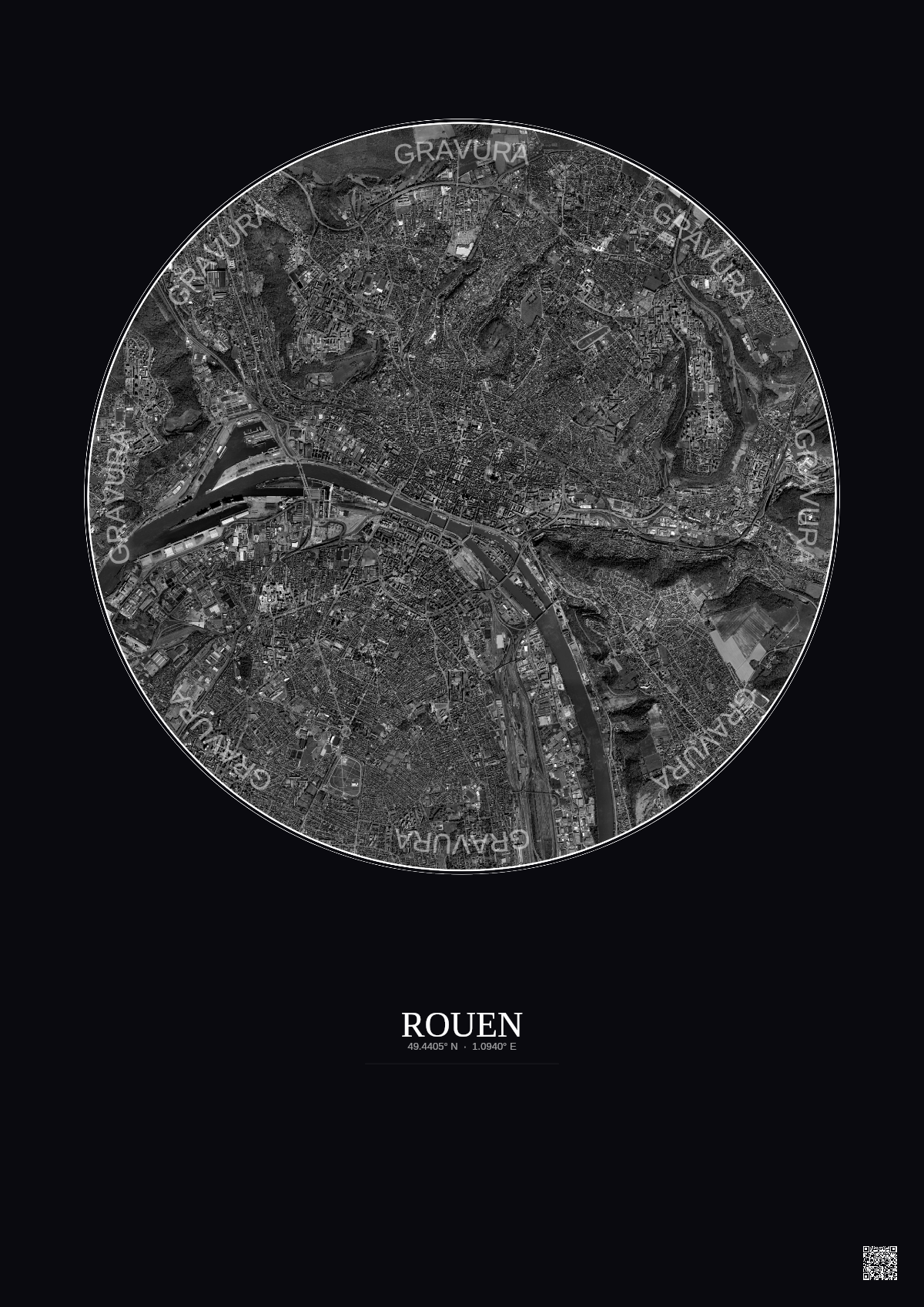 Affiche Rouen – Poster vue satellite 5km N&B | Gravura – Fond foncé