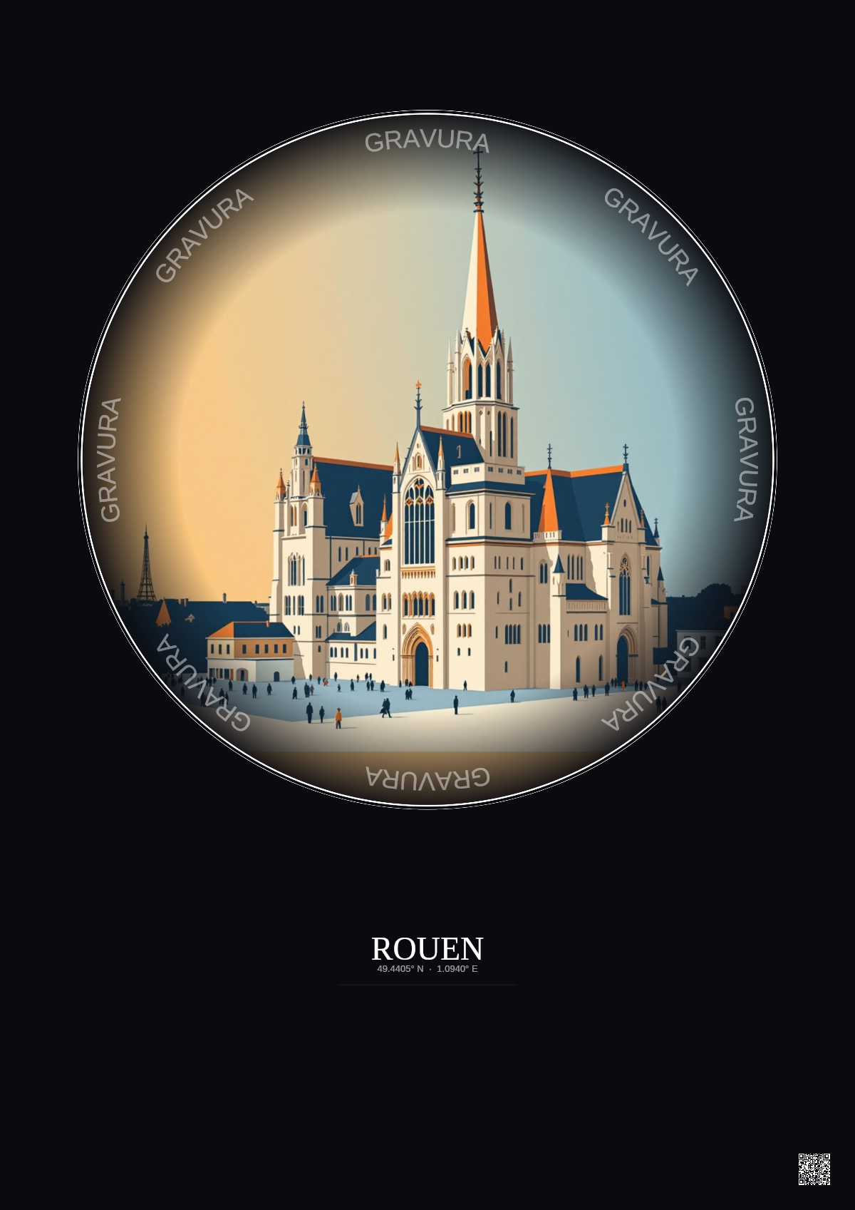 Affiche Rouen – Poster illustration vintage – Cathedrale Notre Dame De Rouen | Gravura – Fond foncé