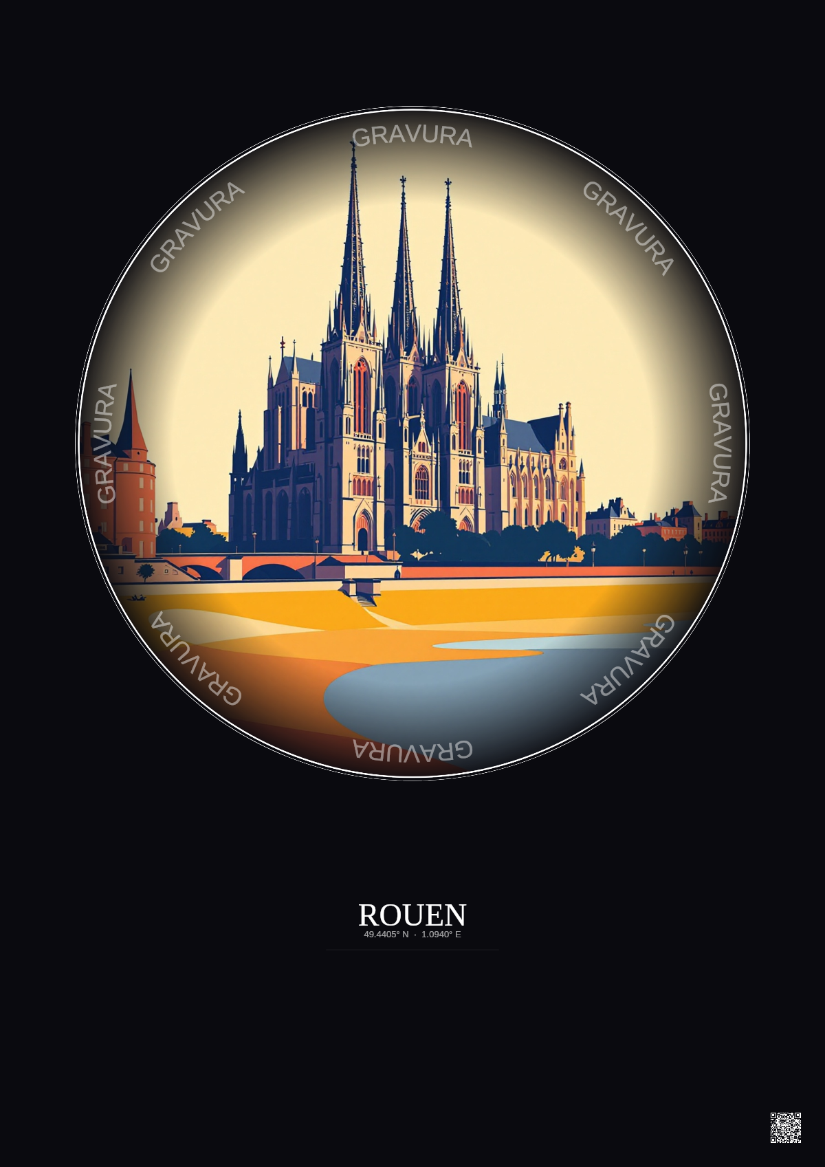 Affiche Rouen – Poster illustration vintage – Rouen | Gravura – Fond foncé