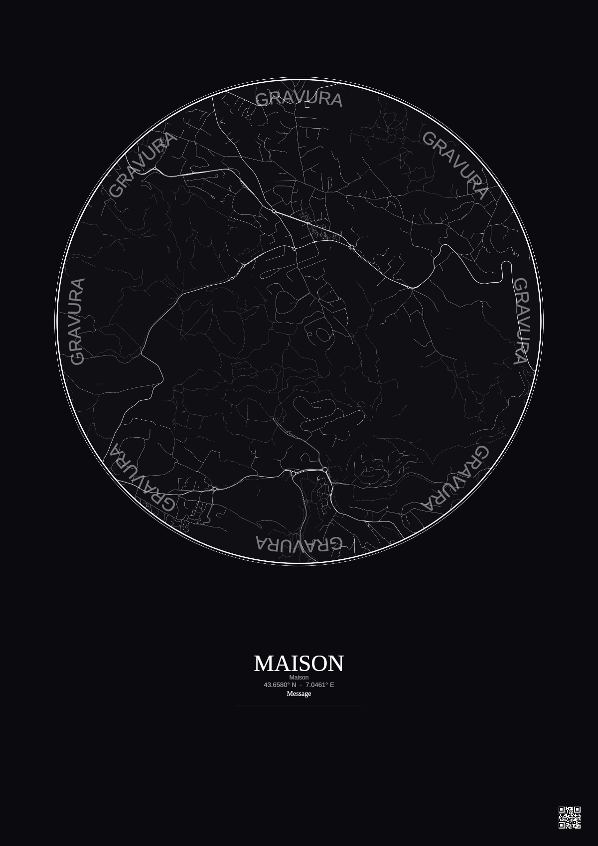 Affiche personnalisée Maison — Carte 2.5 km · Fond foncé | Gravura