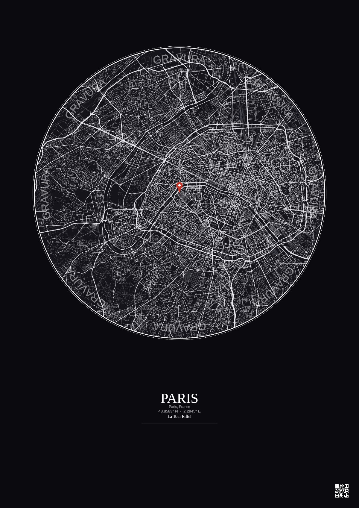 Affiche personnalisée Paris, France — Carte 10 km · Fond foncé | Gravura