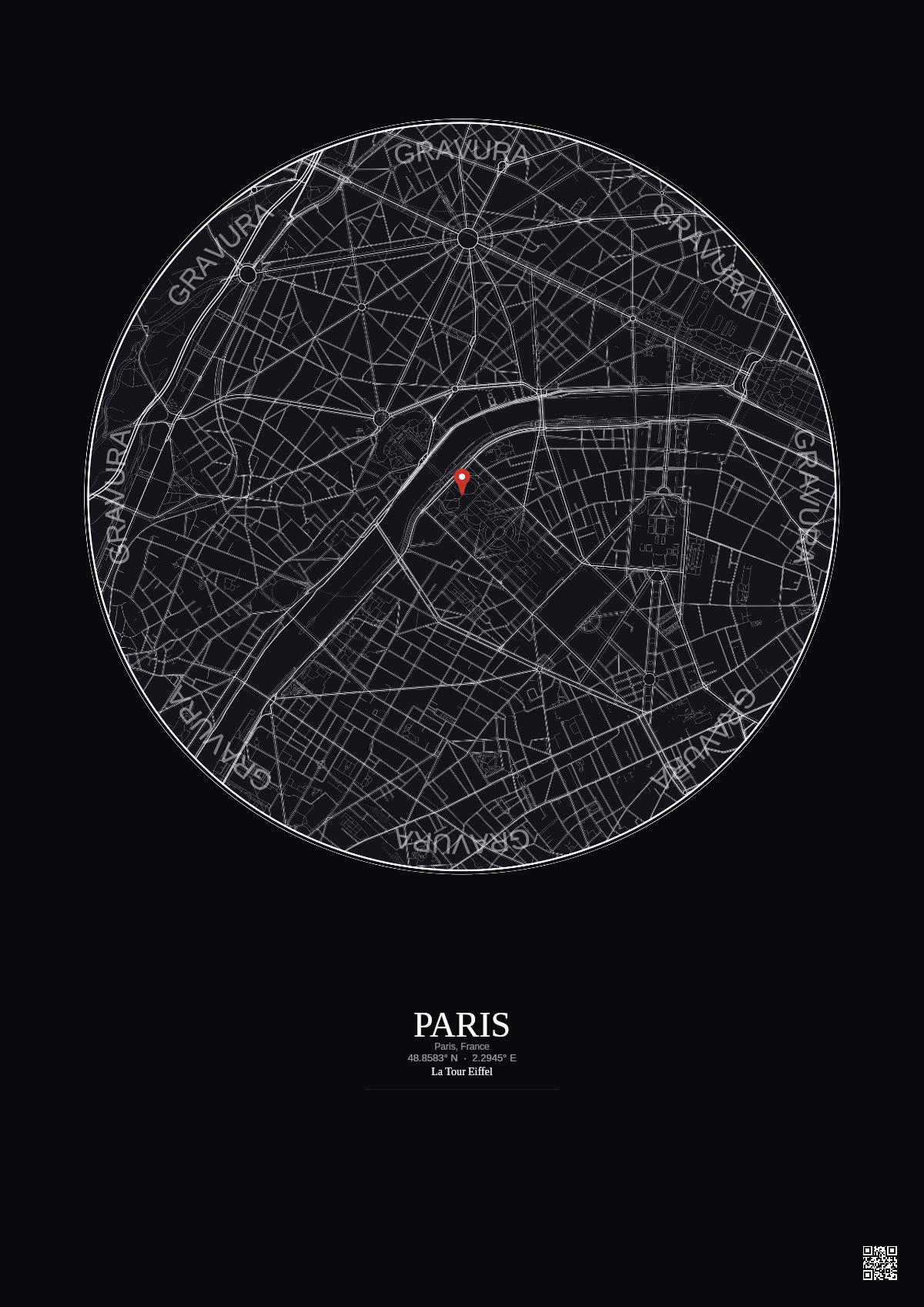 Affiche personnalisée Paris, France — Carte 2.5 km · Fond foncé | Gravura