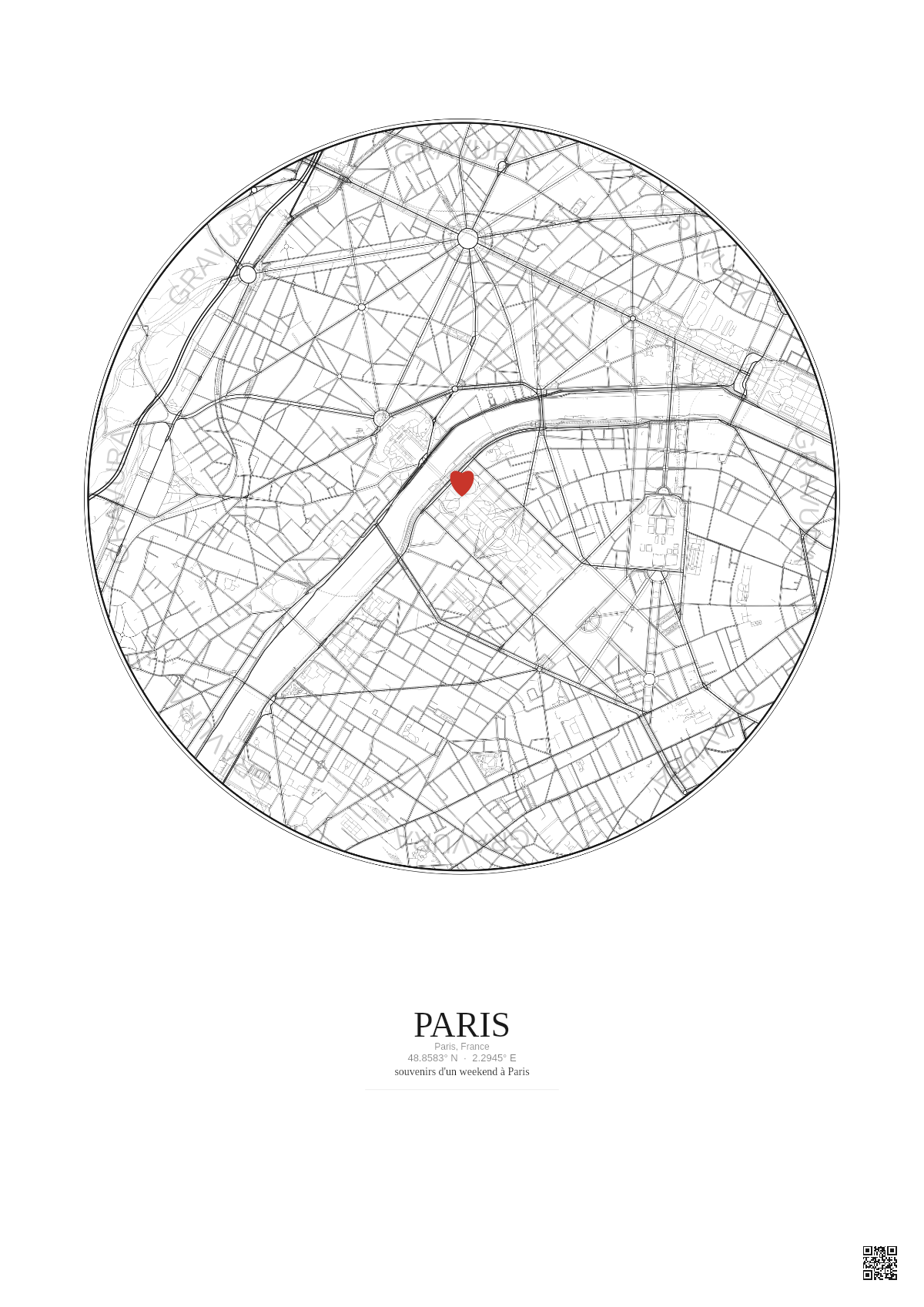 Affiche personnalisée Paris, France — Carte 2.5 km · Fond clair | Gravura