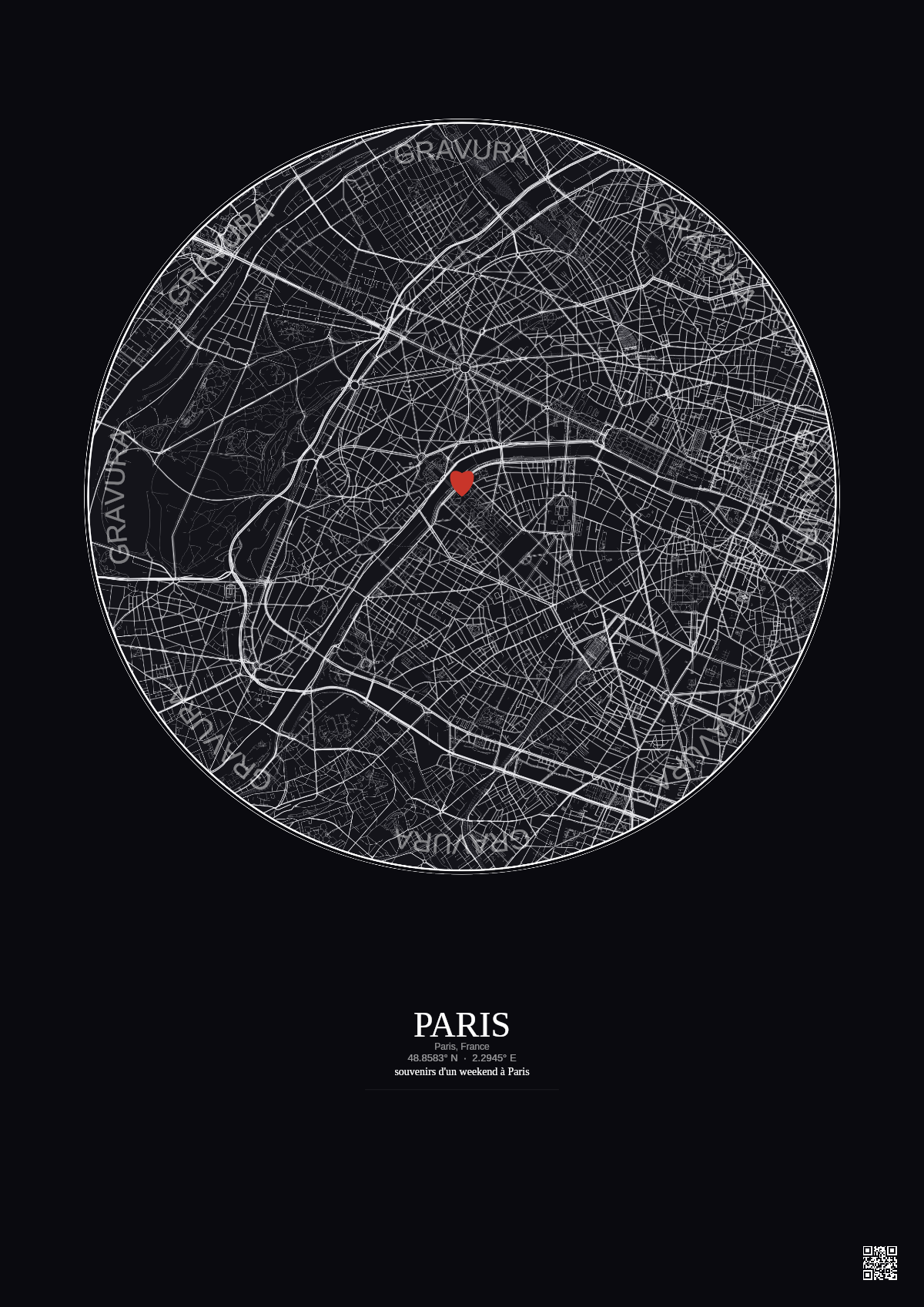 Affiche personnalisée Paris, France — Carte 5 km · Fond foncé | Gravura