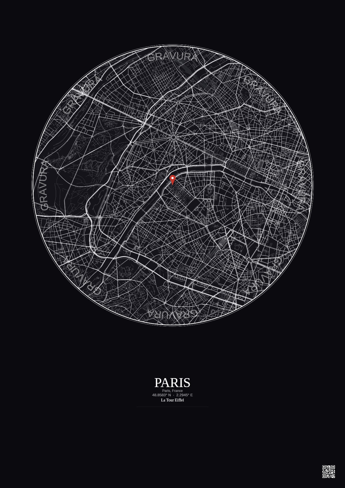 Affiche personnalisée Paris, France — Carte 5 km · Fond foncé | Gravura