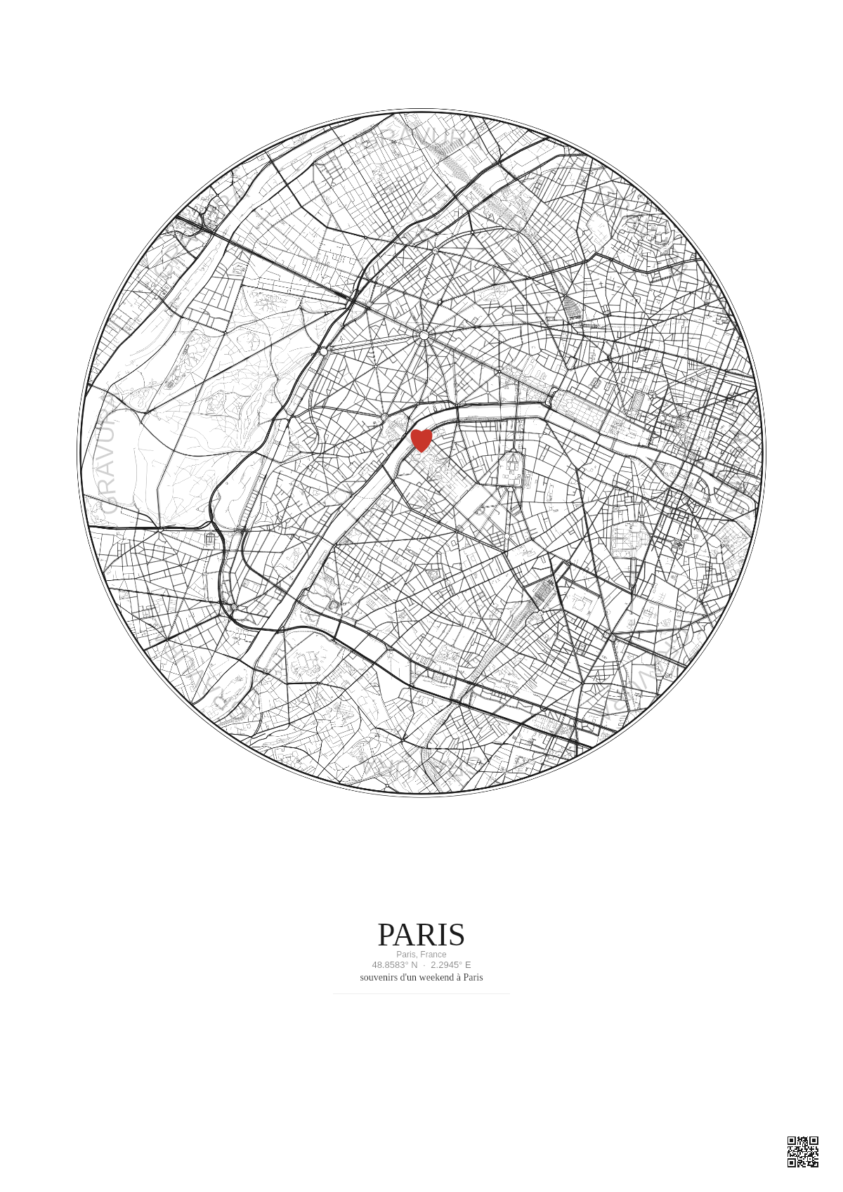 Affiche personnalisée Paris, France — Carte 5 km · Fond clair | Gravura