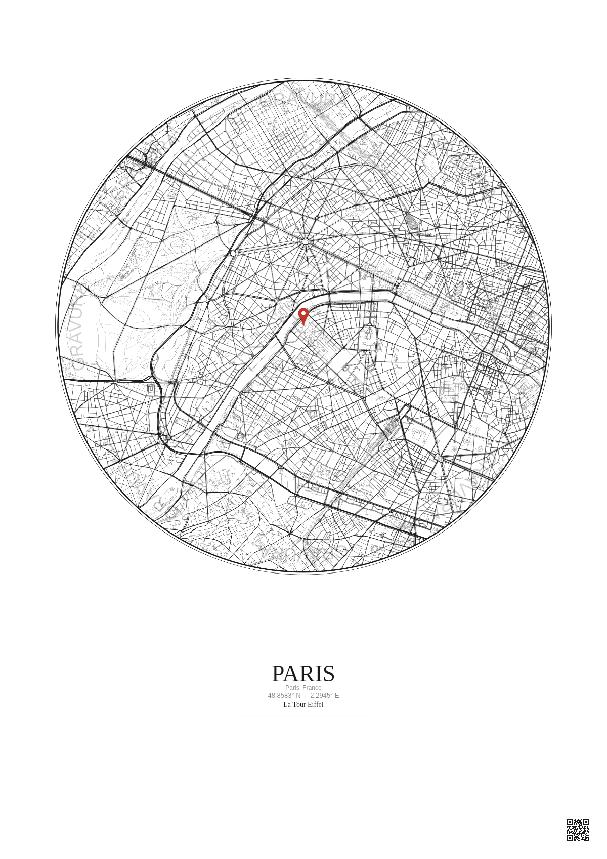 Affiche personnalisée Paris, France — Carte 5 km · Fond clair | Gravura