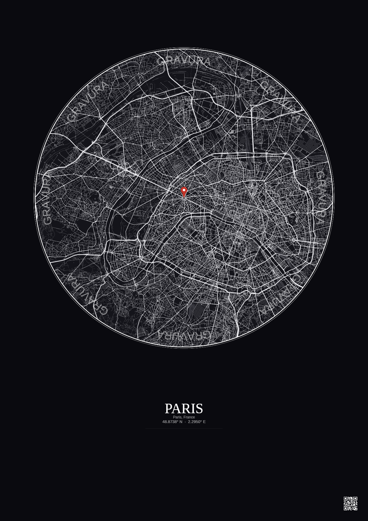 Affiche personnalisée Paris, France — Carte 10 km · Fond foncé | Gravura