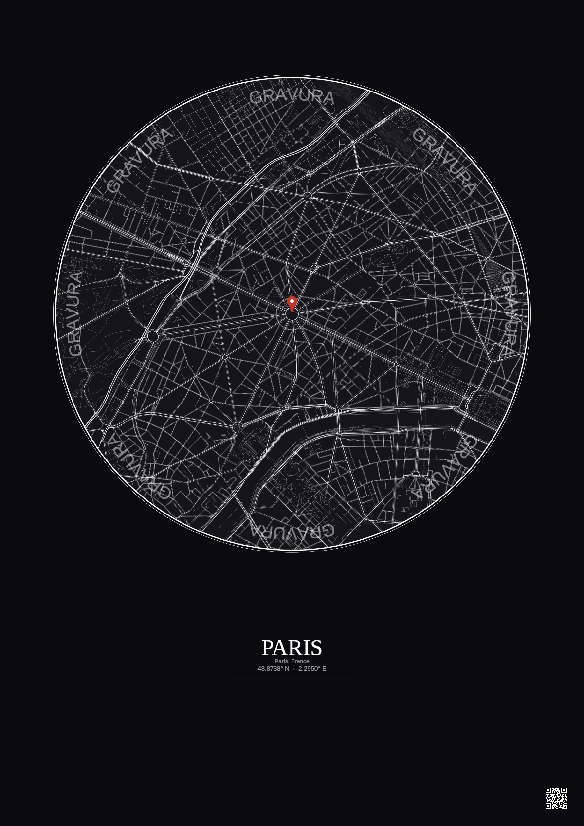 Affiche personnalisée Paris, France — Carte 2.5 km · Fond foncé | Gravura