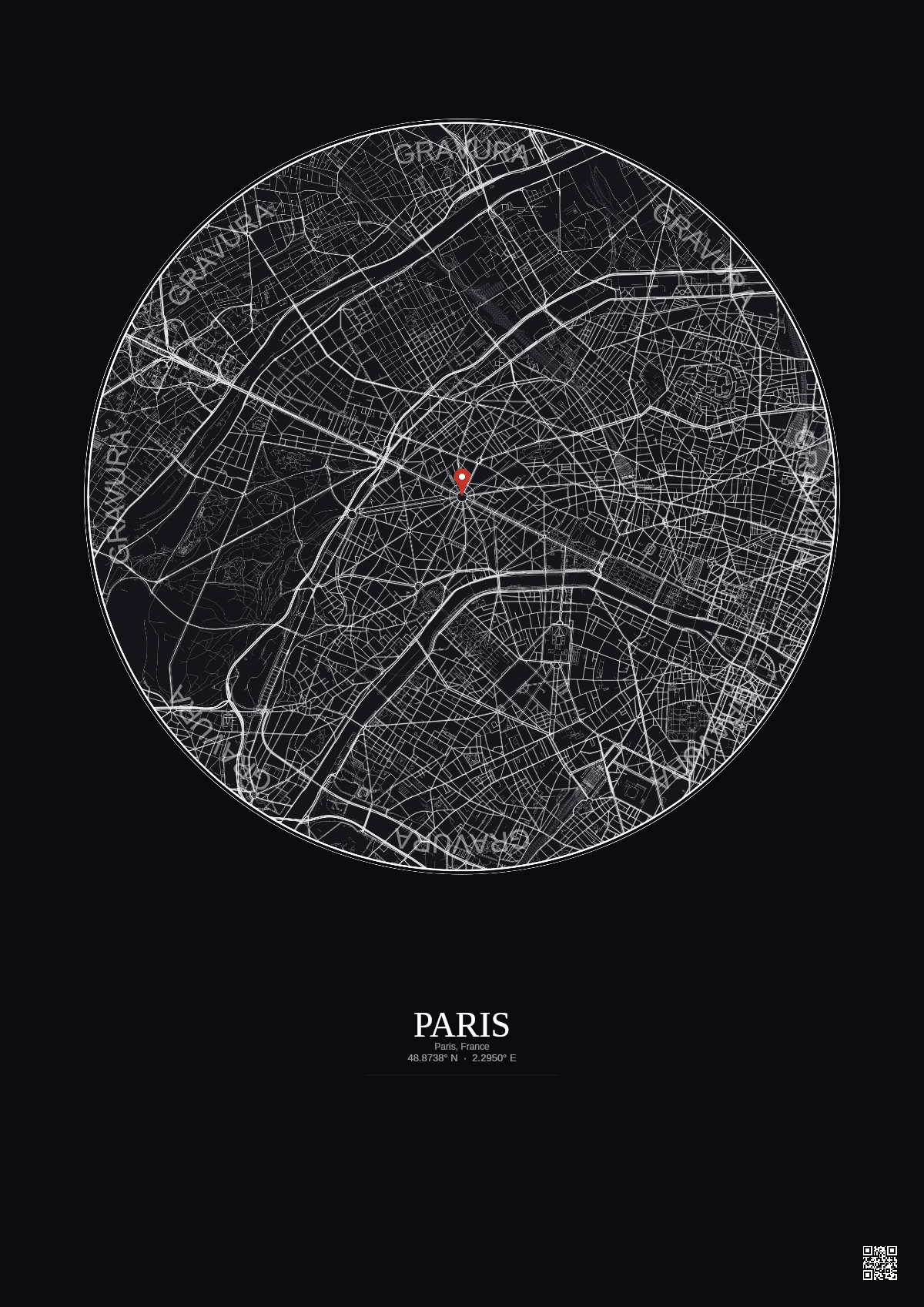 Affiche personnalisée Paris, France — Carte 5 km · Fond foncé | Gravura