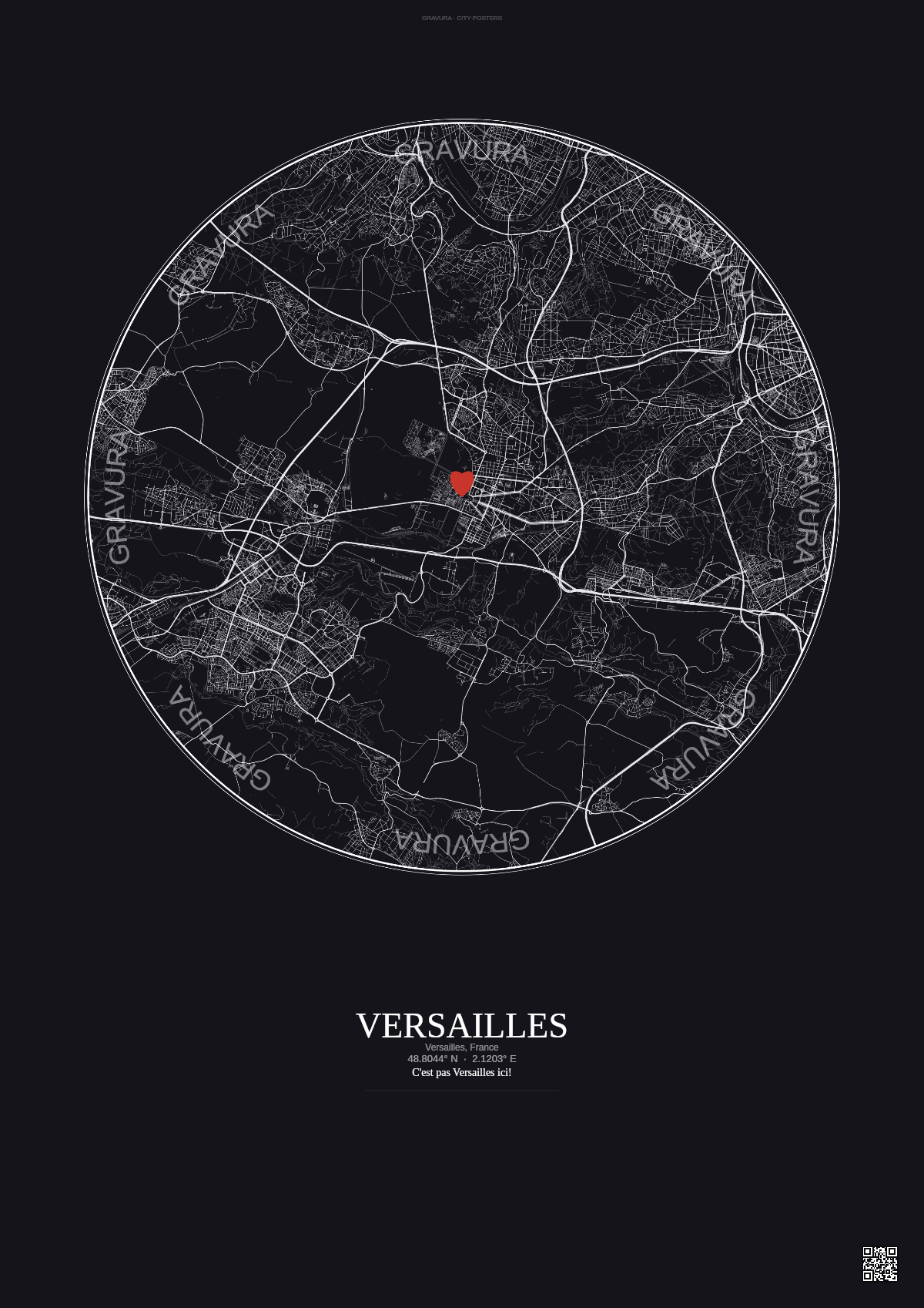 Affiche personnalisée Versailles, France — Carte 10 km · Fond foncé | Gravura