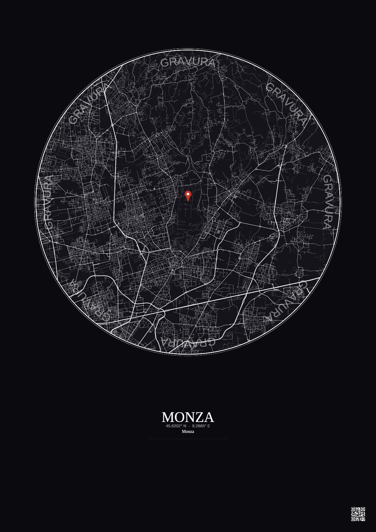 Affiche personnalisée Monza — Carte 10 km · Fond foncé | Gravura