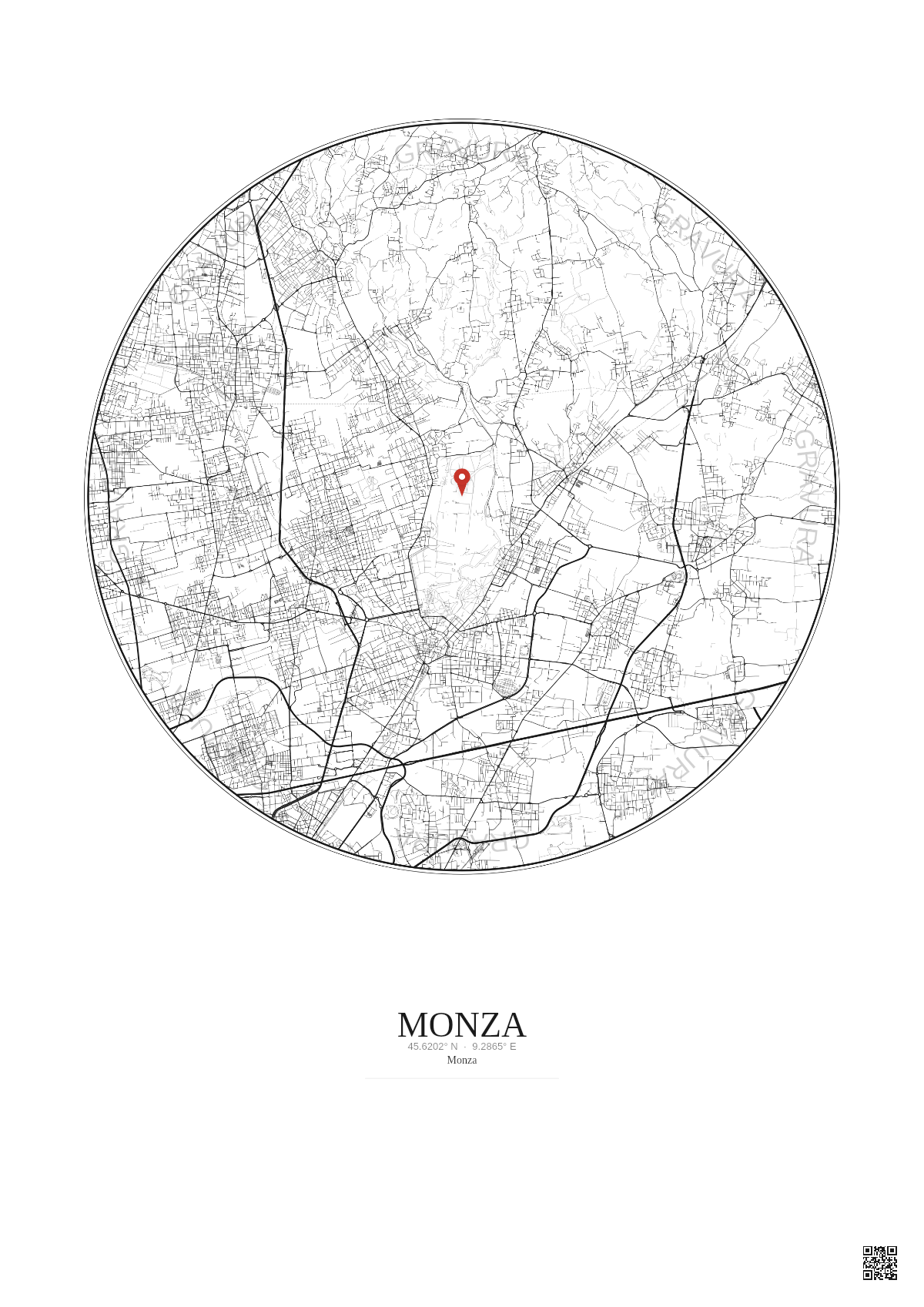 Affiche personnalisée Monza — Carte 10 km · Fond clair | Gravura