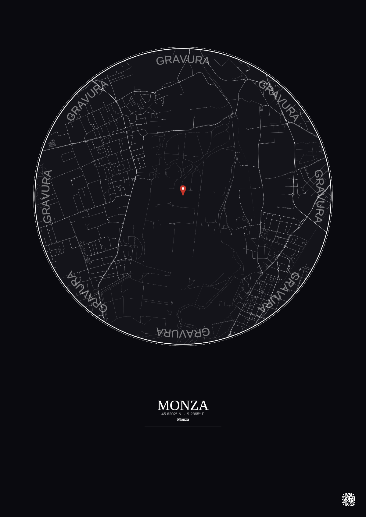 Affiche personnalisée Monza — Carte 2.5 km · Fond foncé | Gravura