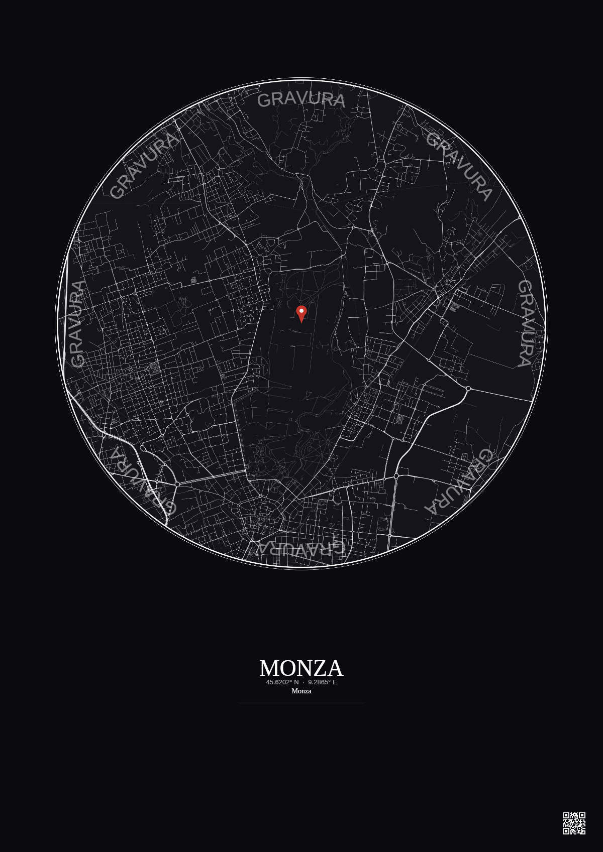 Affiche personnalisée Monza — Carte 5 km · Fond foncé | Gravura
