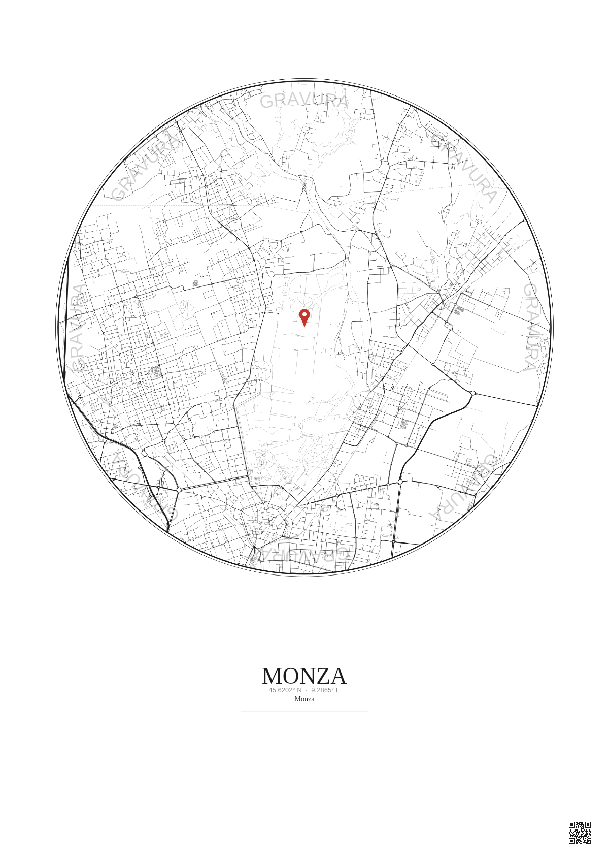 Affiche personnalisée Monza — Carte 5 km · Fond clair | Gravura