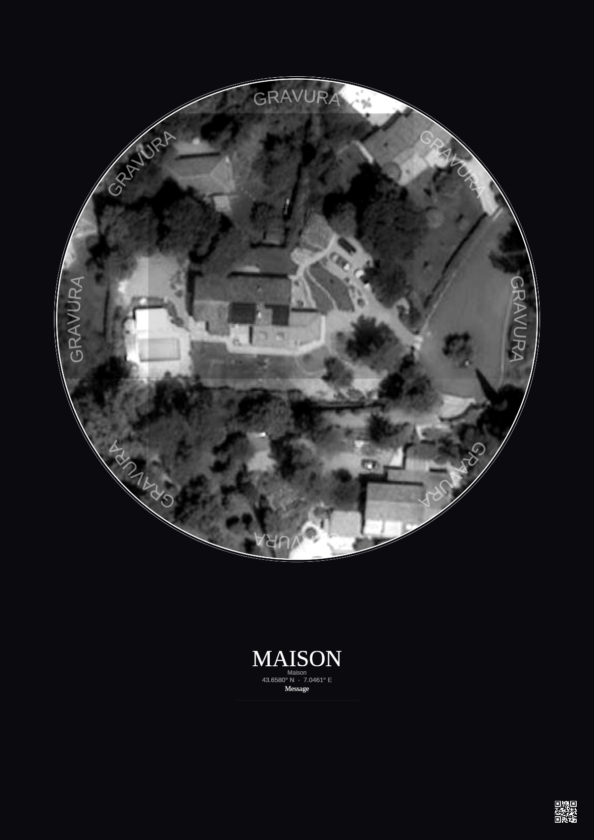 Affiche personnalisée Maison — Satellite 0.05 km · N&B · Fond foncé | Gravura