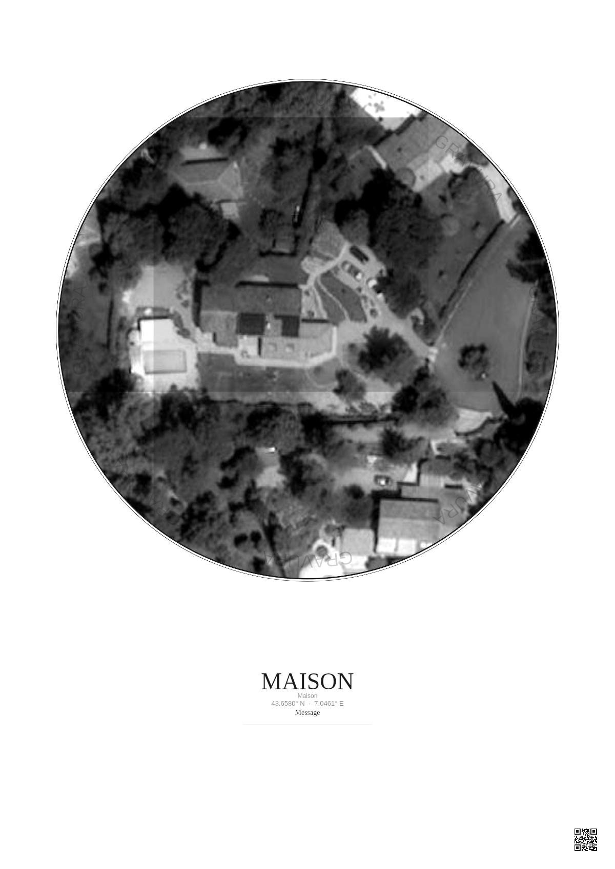 Affiche personnalisée Maison — Satellite 0.05 km · N&B · Fond clair | Gravura