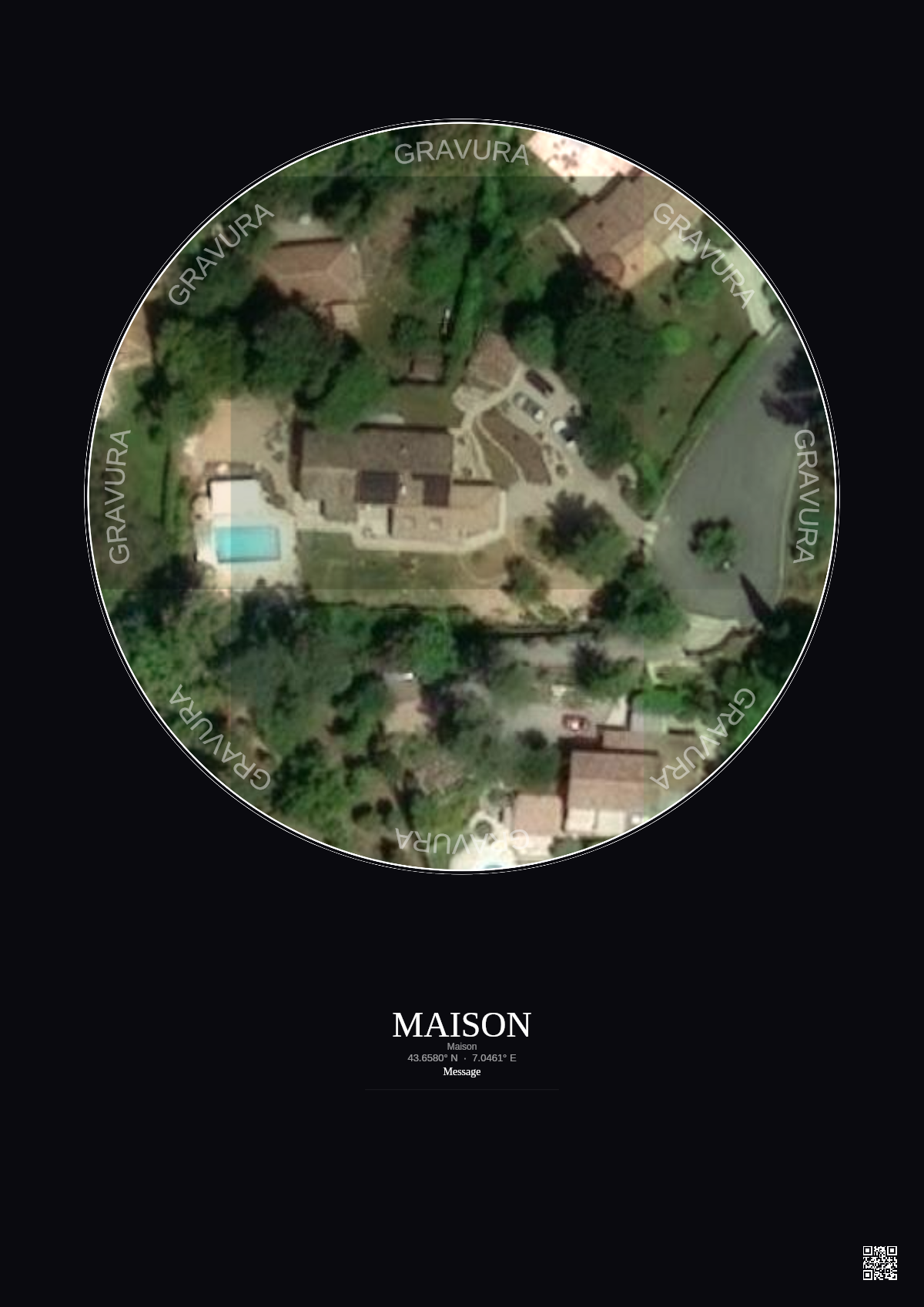 Affiche personnalisée Maison — Satellite 0.05 km · Couleur · Fond foncé | Gravura