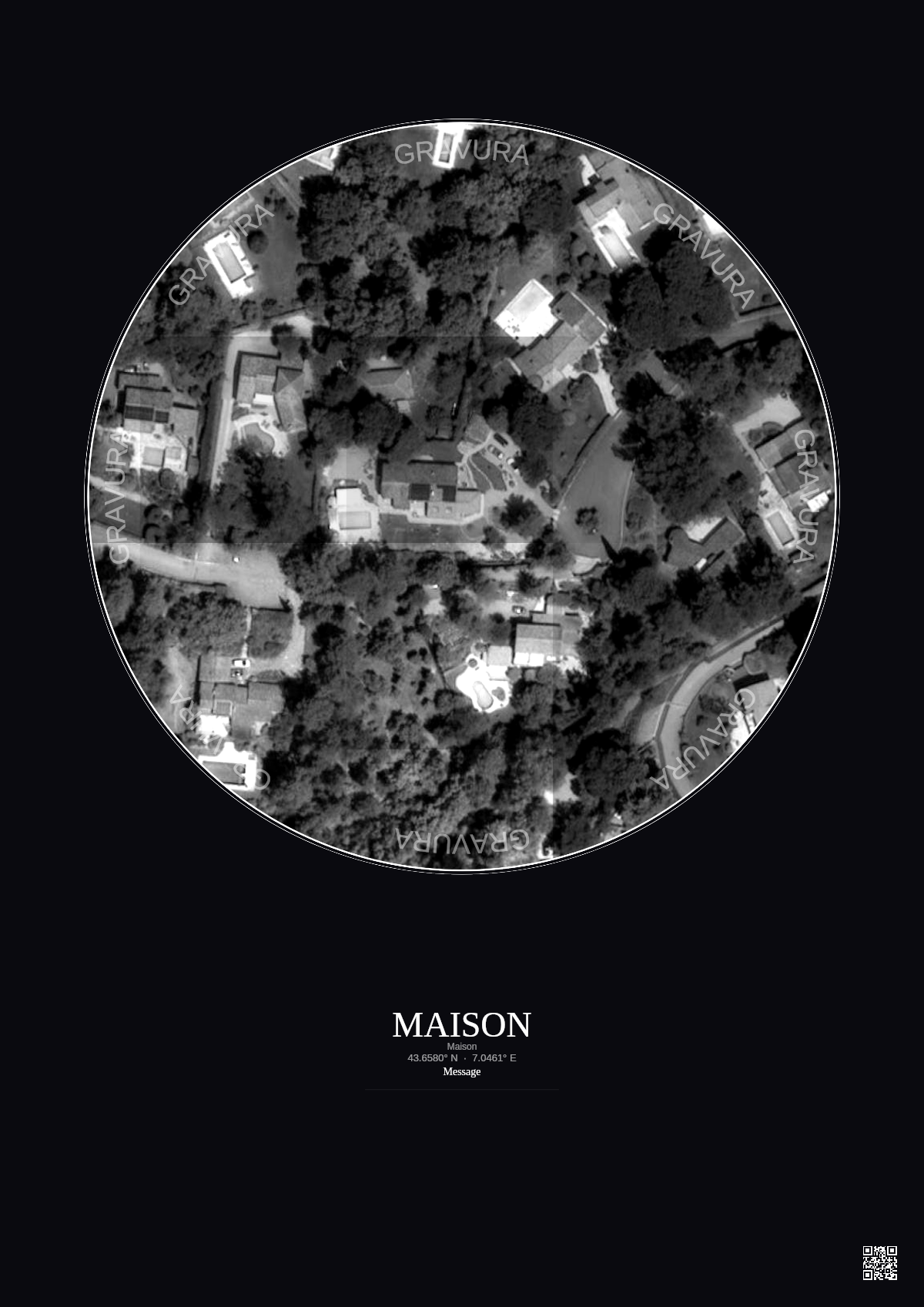 Affiche personnalisée Maison — Satellite 0.1 km · N&B · Fond foncé | Gravura