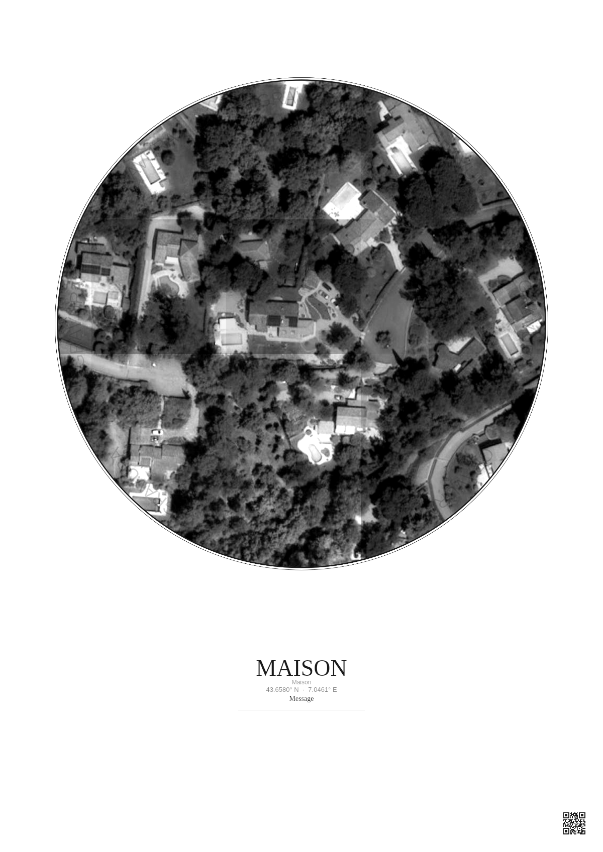 Affiche personnalisée Maison — Satellite 0.1 km · N&B · Fond clair | Gravura