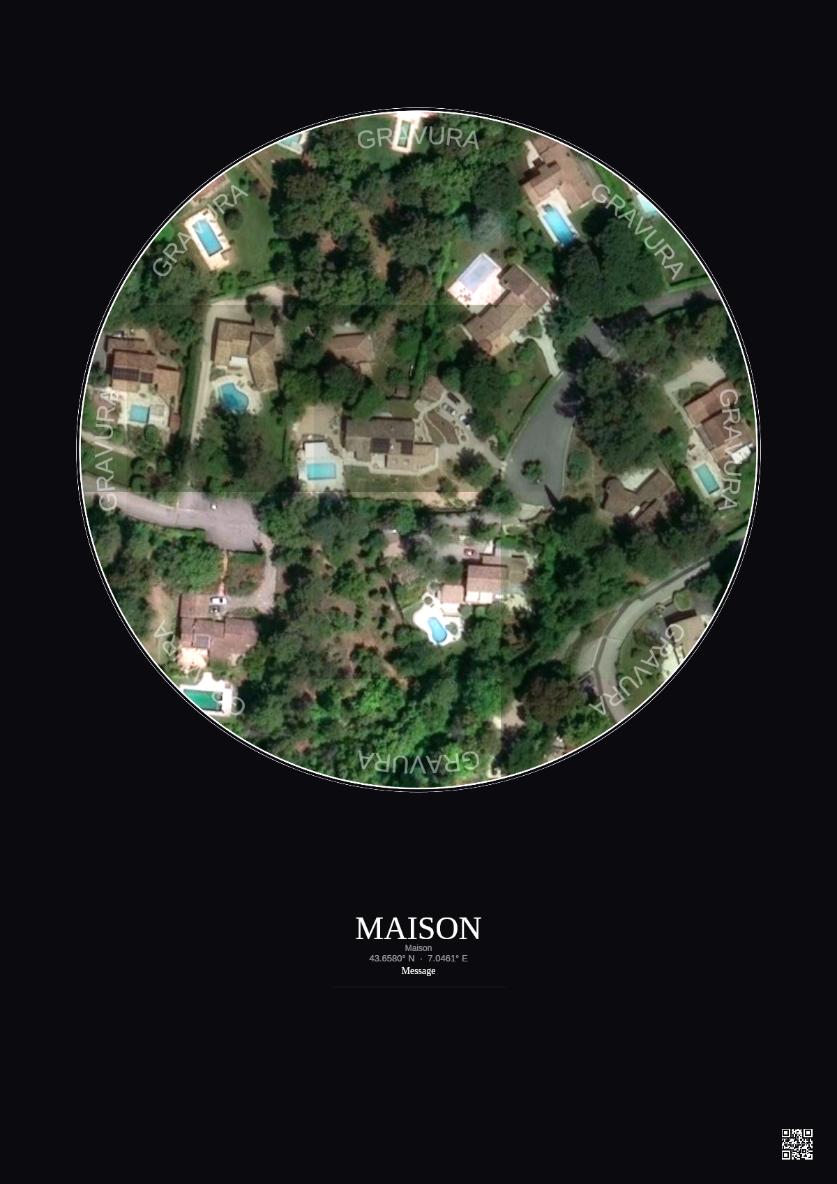 Affiche personnalisée Maison — Satellite 0.1 km · Couleur · Fond foncé | Gravura